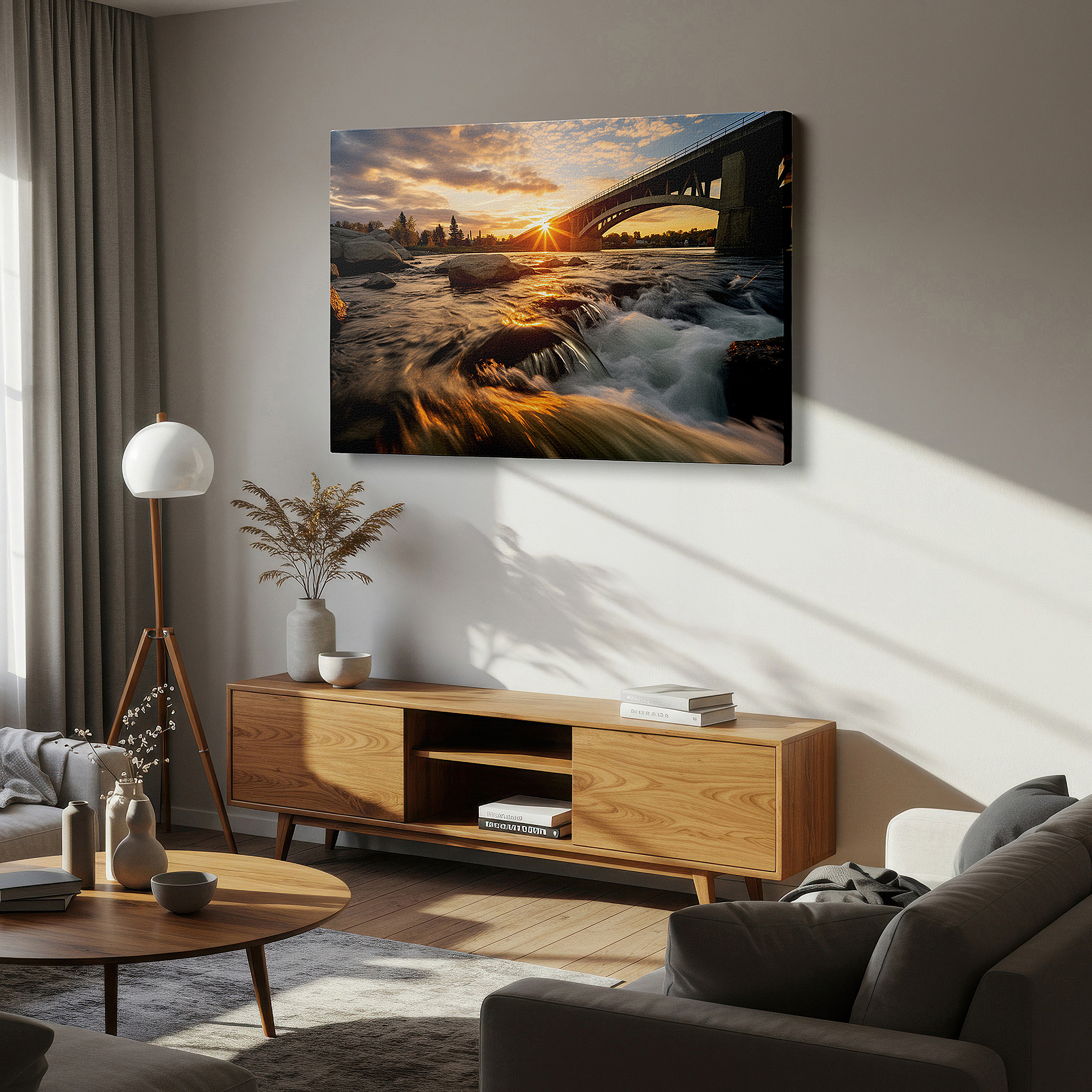 Positioned above a console table between ceramic vases — wall art: sunset through bridge arches over river - a fusion of nature's beauty and architectural brilliance, large canvas wall art for office decor