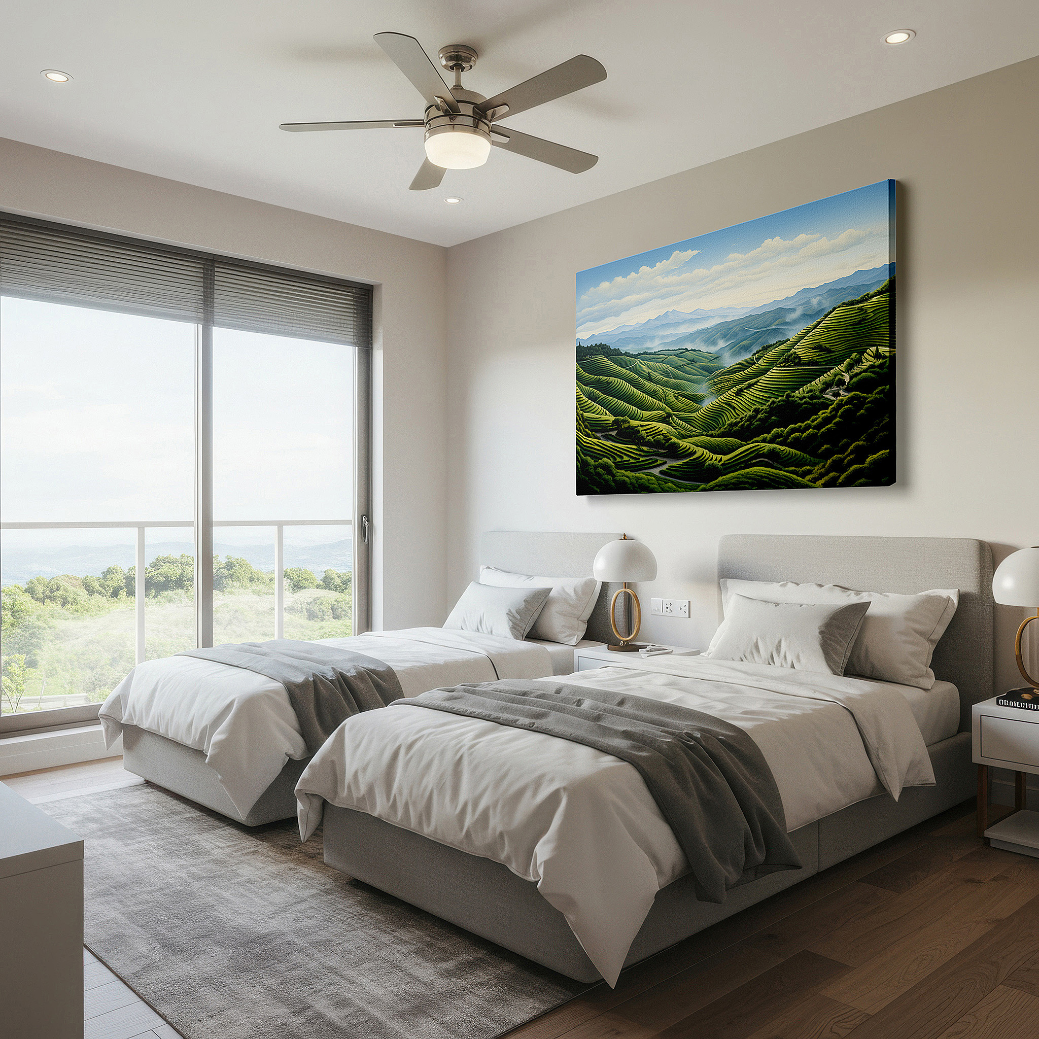 Positioned above a console table between ceramic vases — wall art: tranquil countryside scene with verdant terraces and grand mountains - large canvas wall art for home and office decor, perfect for living room and bedroom