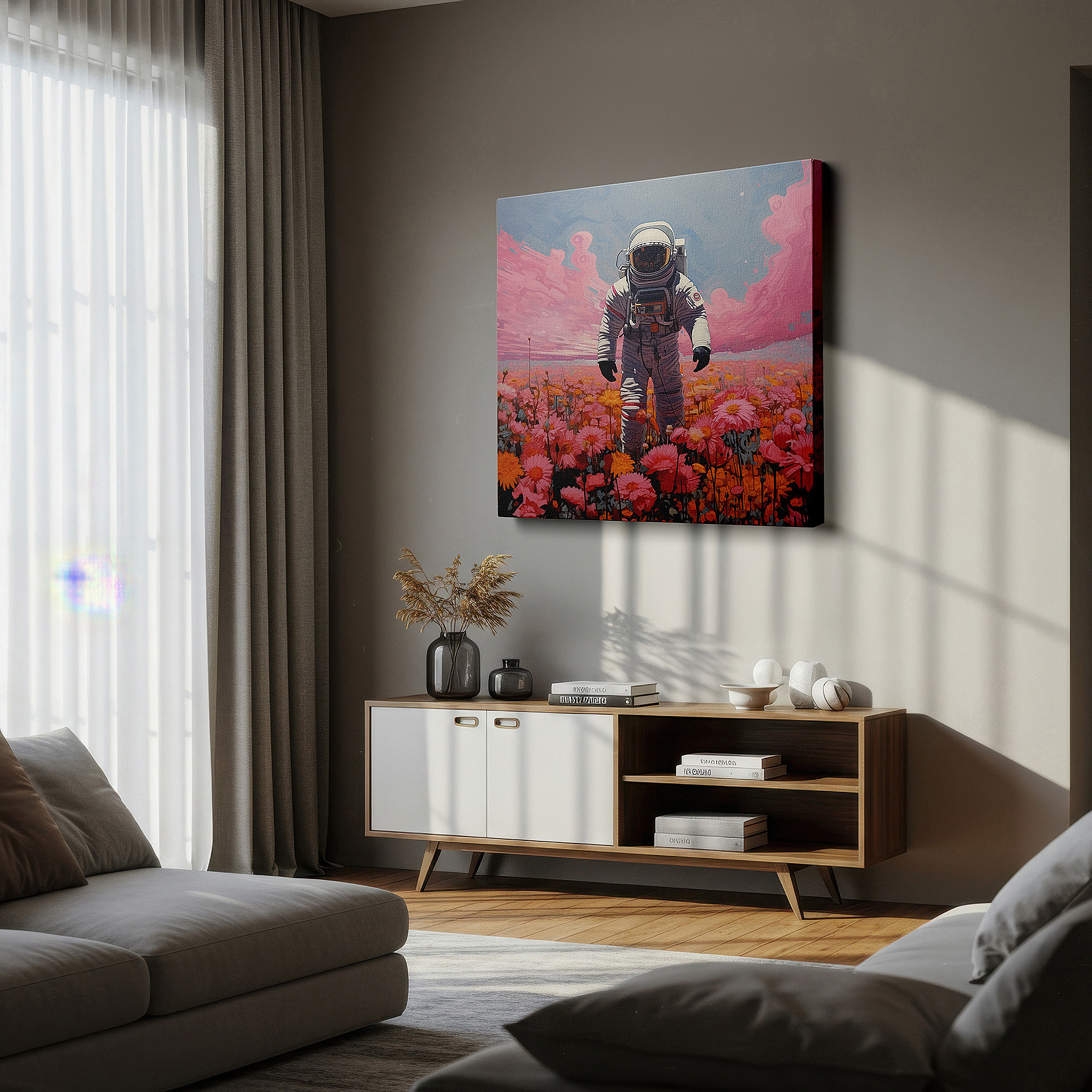 Positioned above a console table between ceramic vases — wall decor: astronaut with glowing flowers - a surreal fusion of space adventure and natural charm, large canvas art for home and office