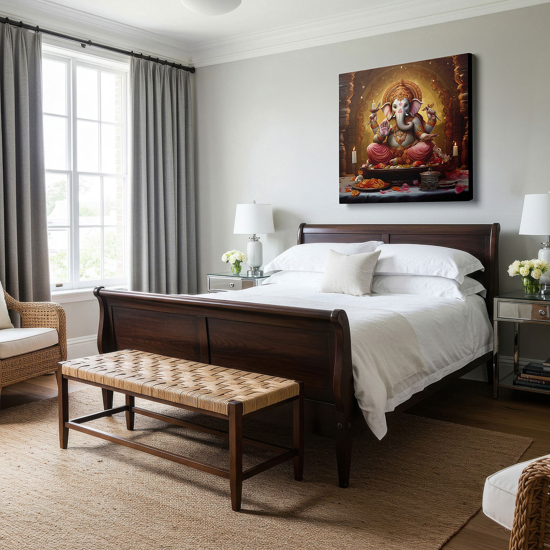 Positioned above a console table between ceramic vases — wall decor: large canvas featuring lord ganesh, the remover of