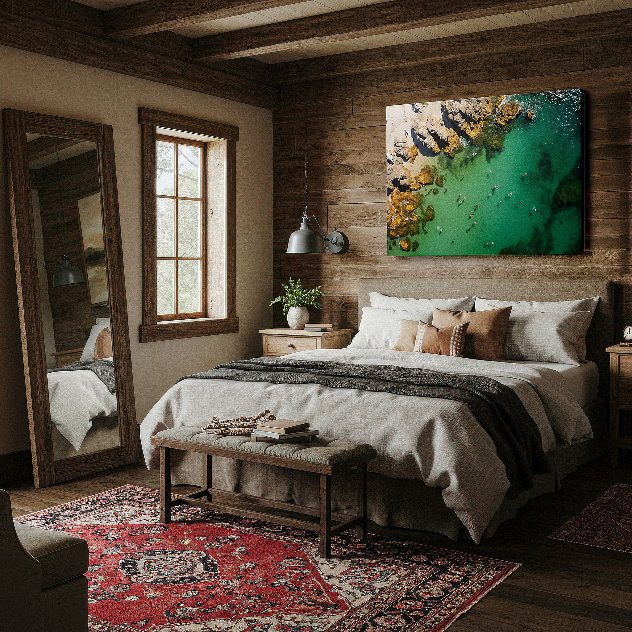 Positioned above a console table between ceramic vases — wall decor: serene turquoise waters and tranquil shores - aerial view of nature's harmony 