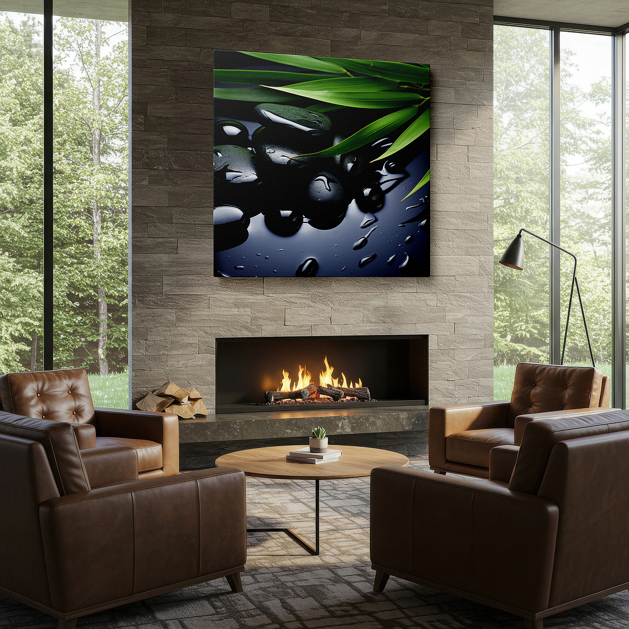 Positioned above a console table between ceramic vases — wall decor: sleek black stones and lush green leaves with shiny water droplets - tranquil nature scene, large canvas art for home and office