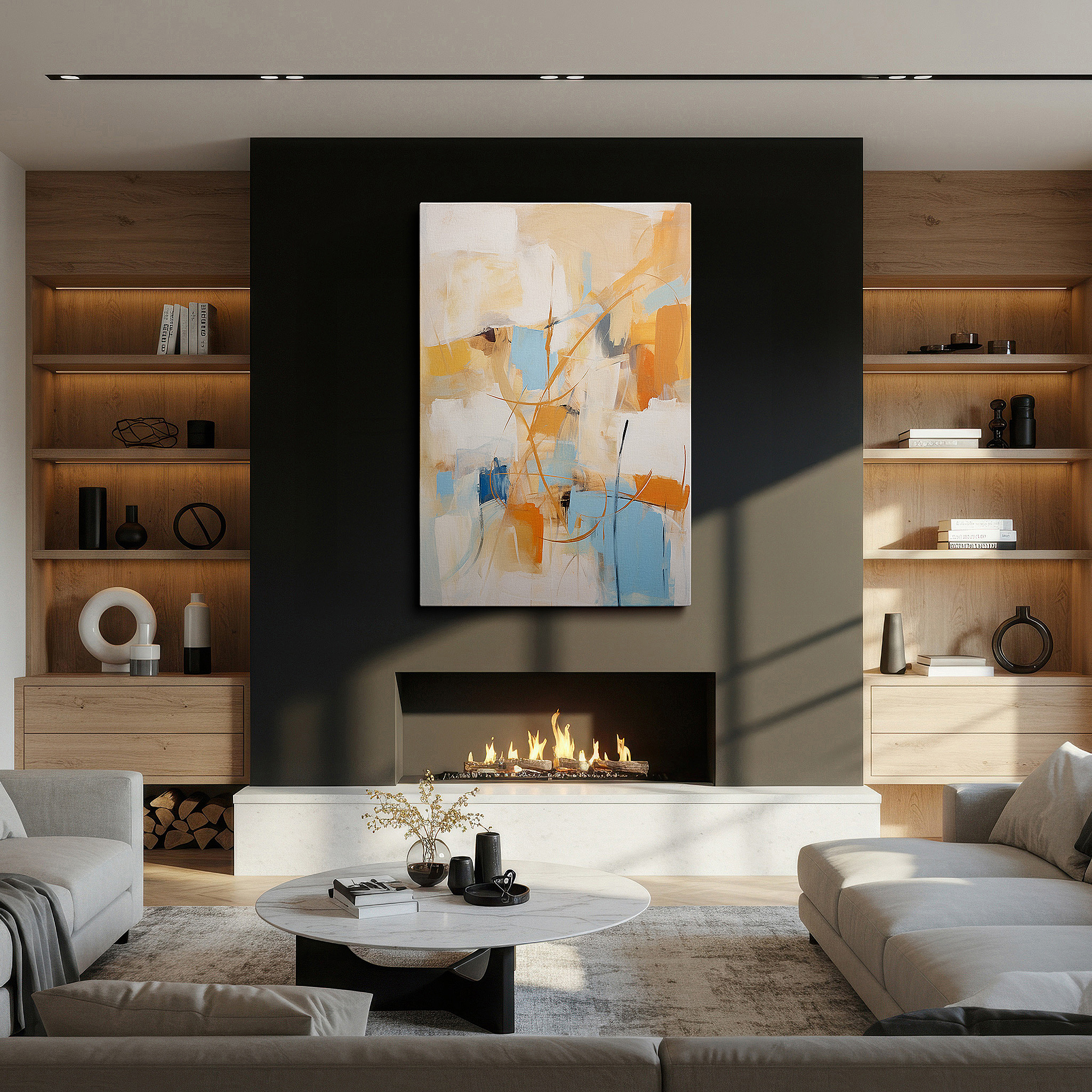 Positioned above a console table between ceramic vases — warm earthy tones and dynamic abstract lines: large canvas wall art for office and bedroom decor