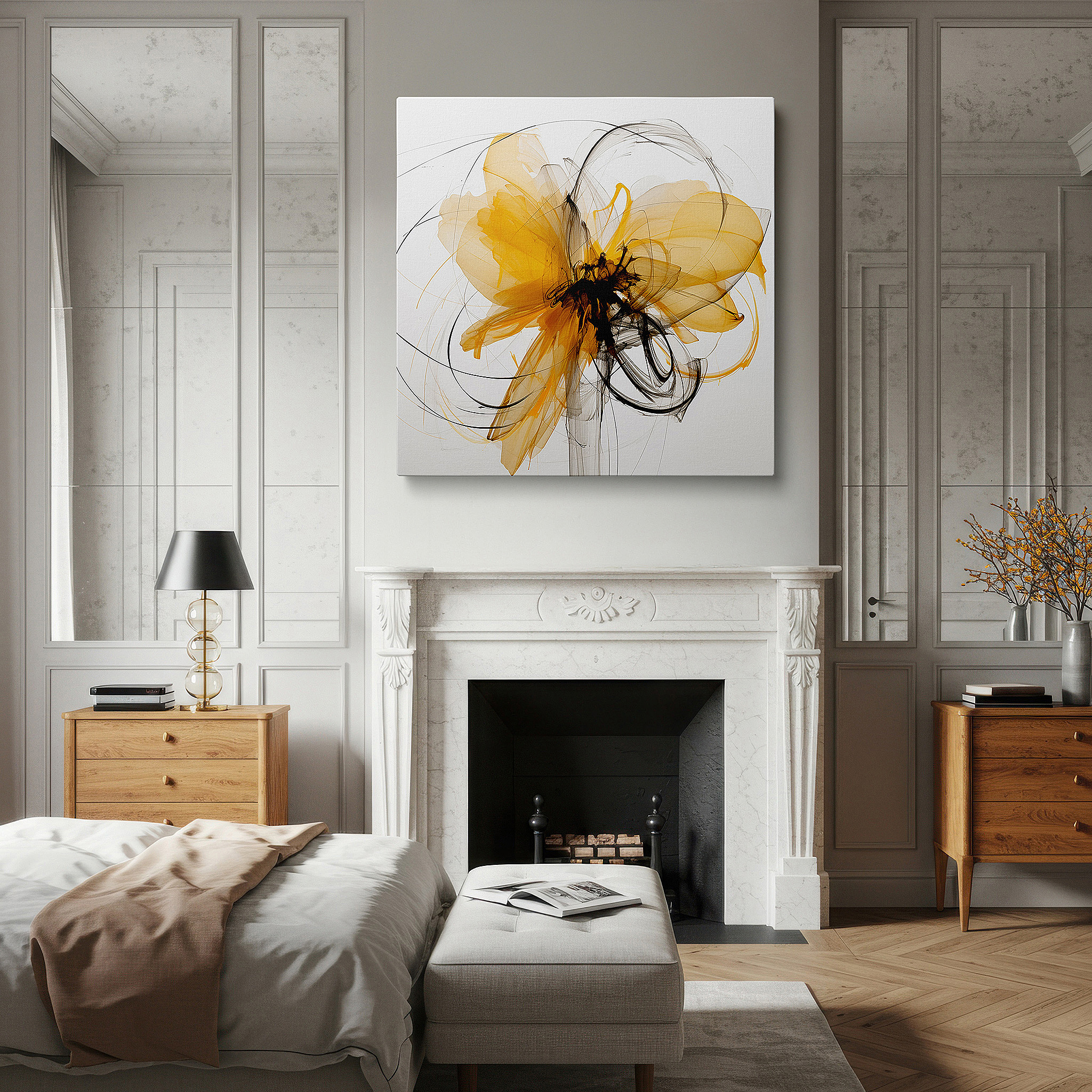 Positioned above a console table between ceramic vases — yellow and black passionate and creative large wall art, canvas decor for office, bedroom, and living spaces
