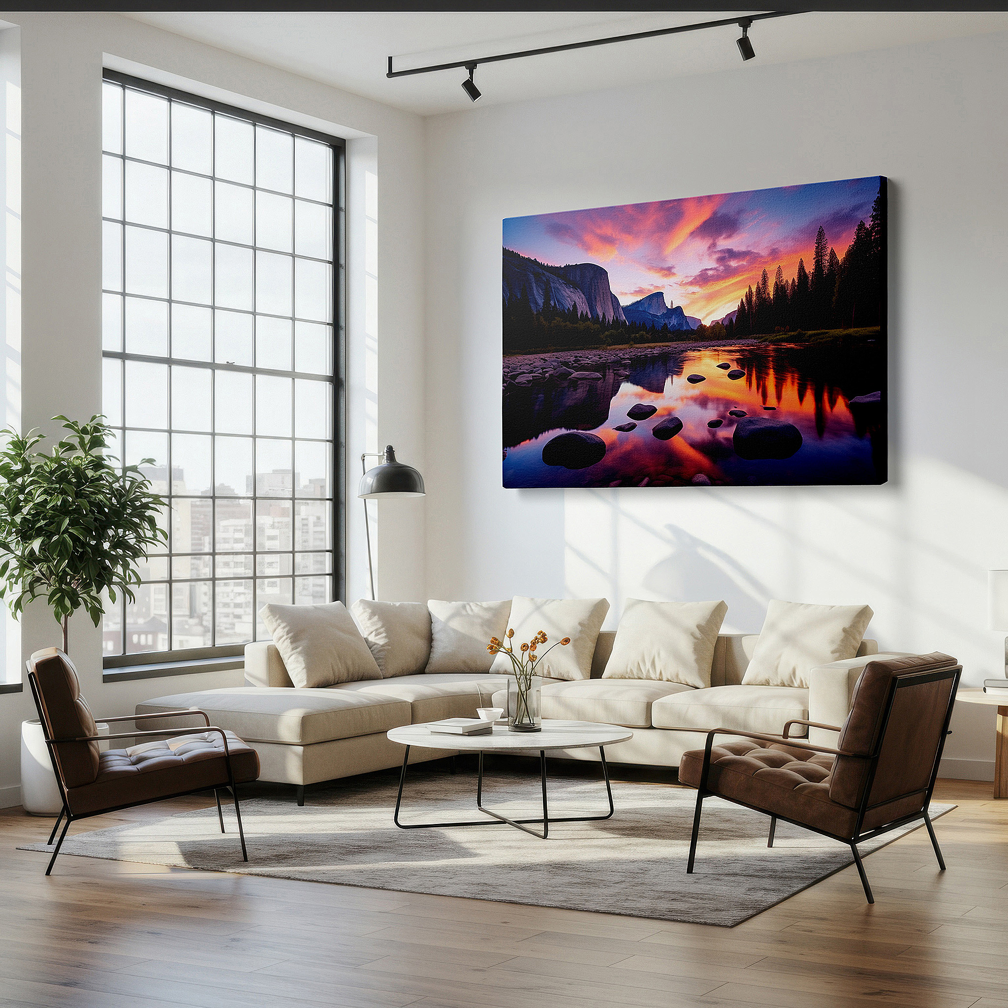 Positioned above a console table between ceramic vases — yosemite sunset serenity: large canvas wall art featuring a peaceful river scene - perfect for office, bedroom, or home decor