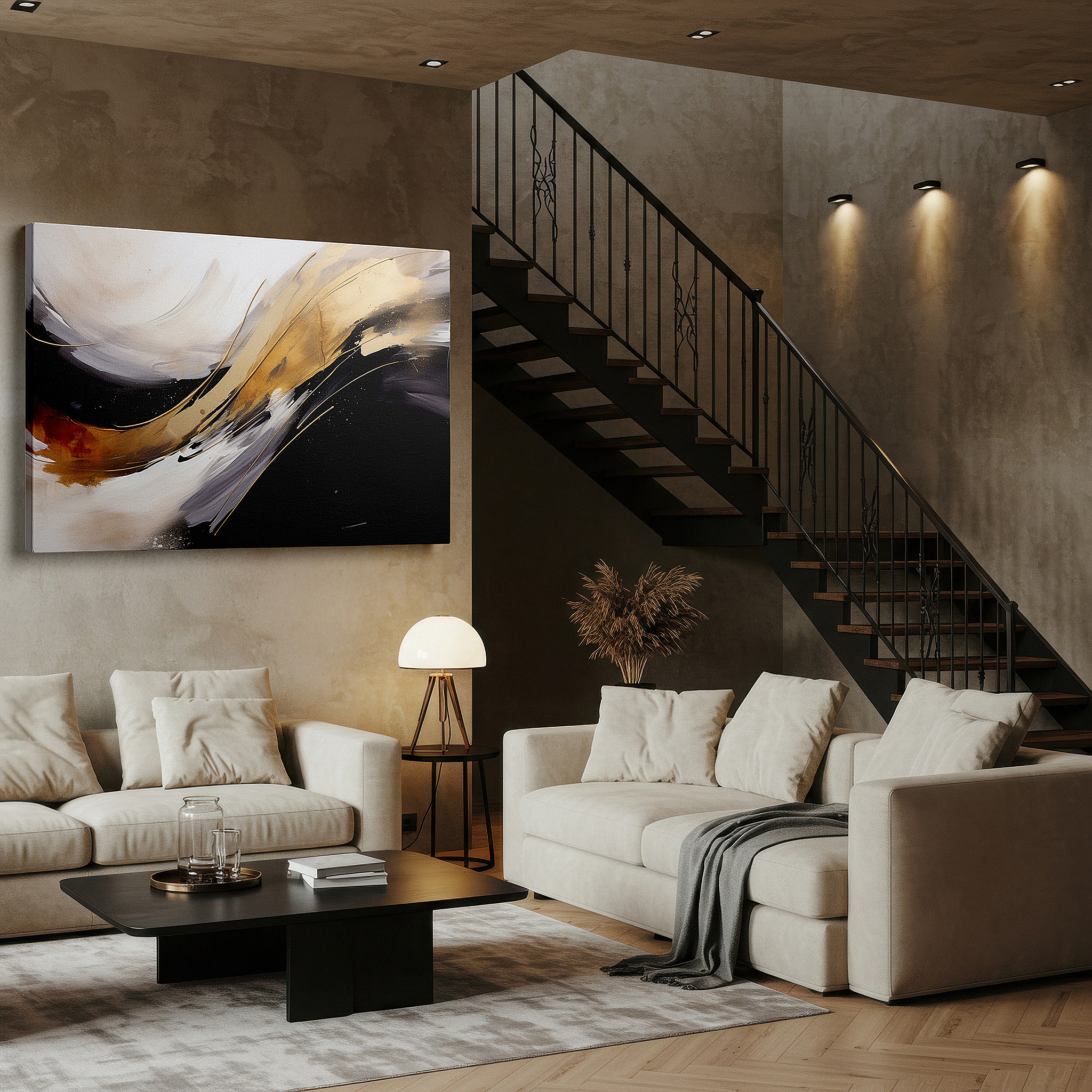 Presented on a clean white gallery wall with ample space — abstract elegance: bold lines and monochrome palette with luxurious gold accents - large canvas wall art for office decor