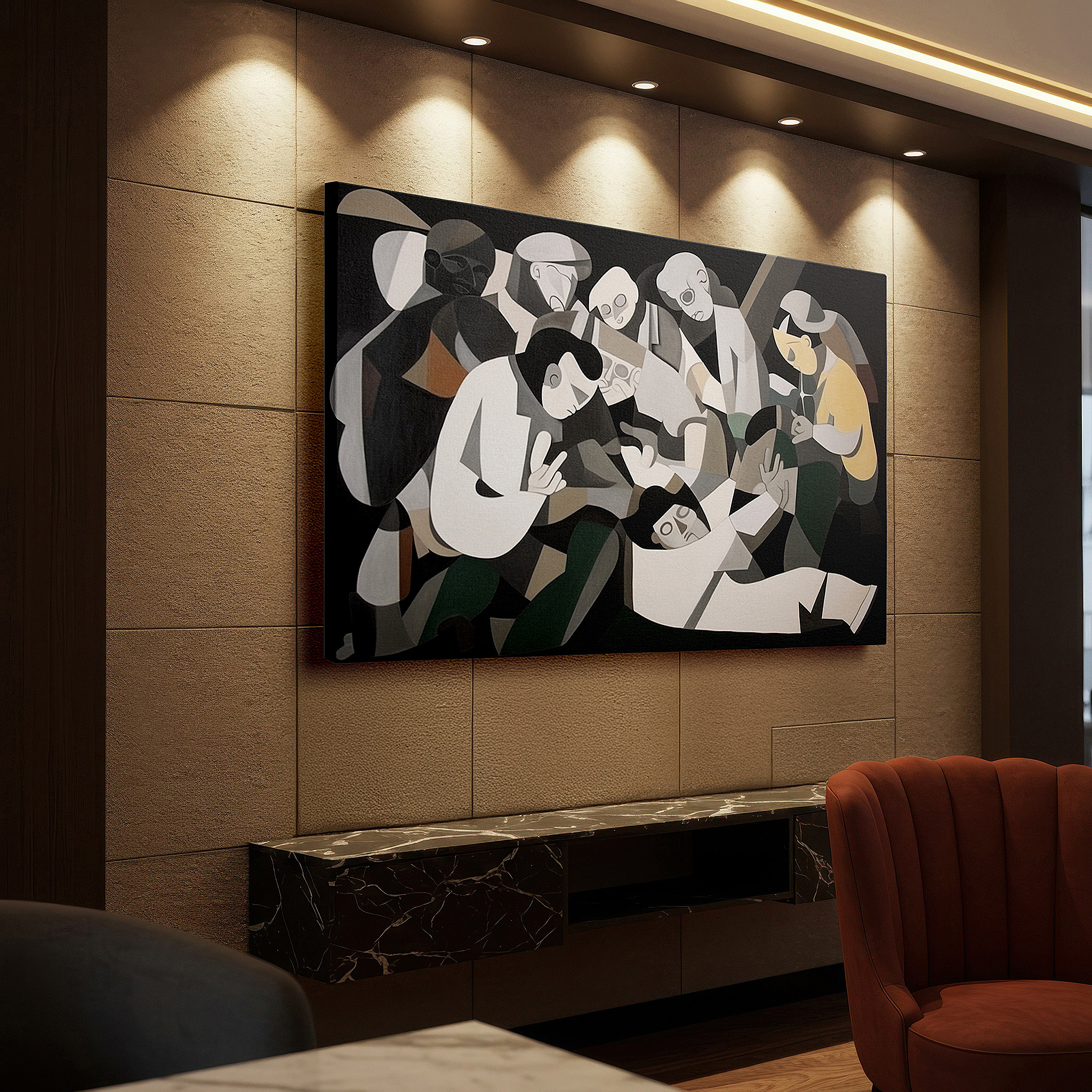 Presented on a clean white gallery wall with ample space — abstract exploration of human connections in a vivid, fragmented style: large wall art, canvas wall art, wall decor for offices and bedrooms