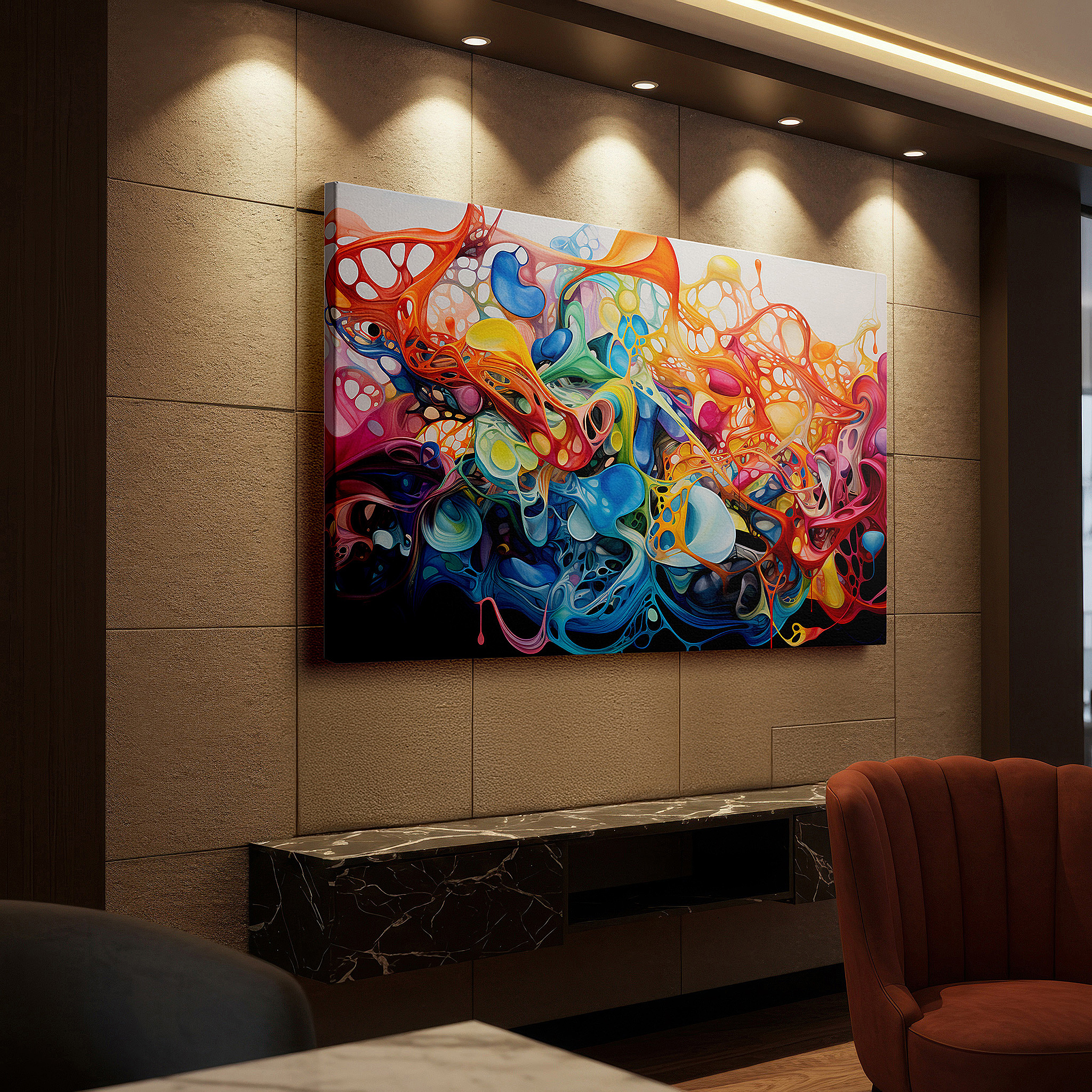 Presented on a clean white gallery wall with ample space — abstract expressionist symphony of colors, large wall art depicting human emotions with electric blues, fiery reds, and radiant yellows