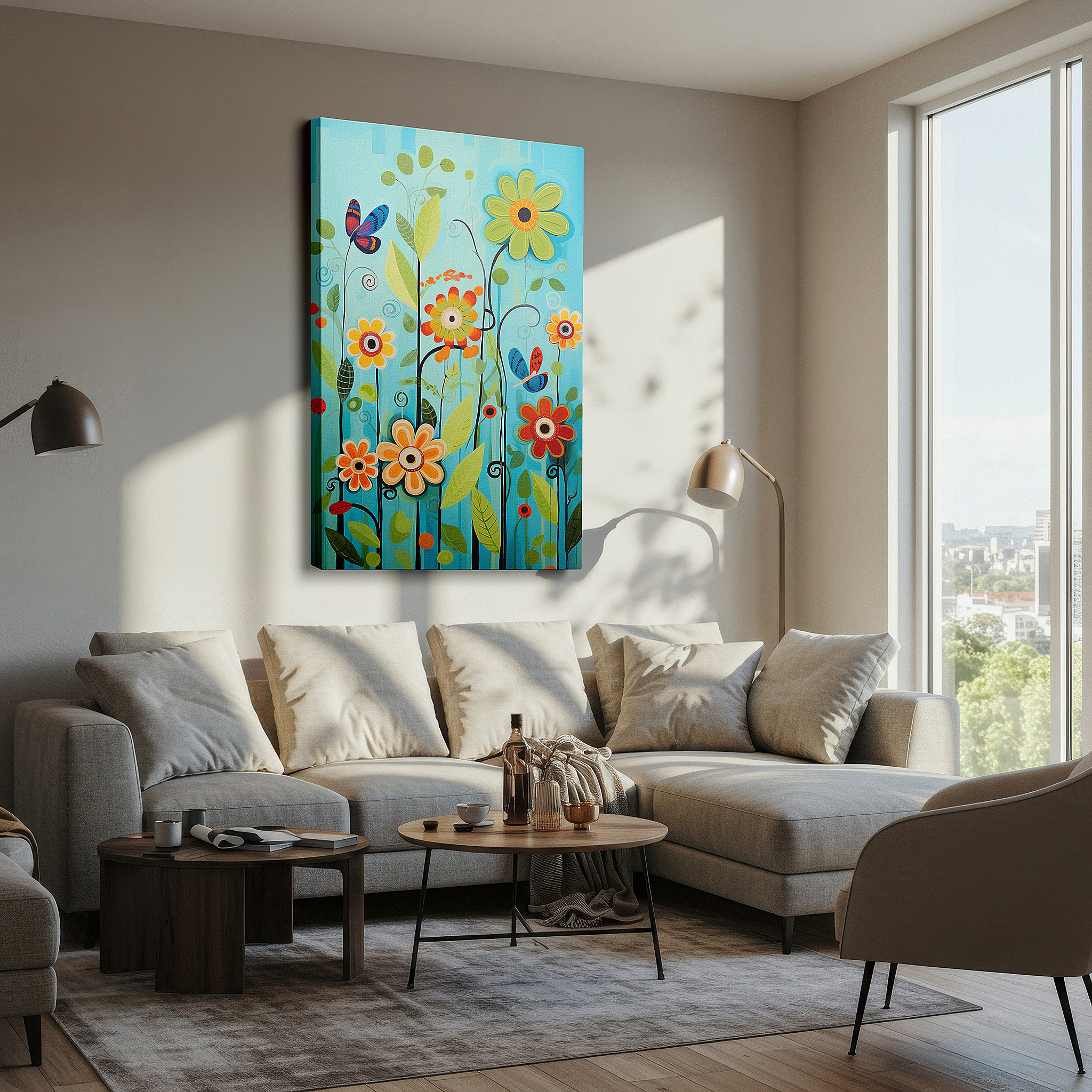 Presented on a clean white gallery wall with ample space — abstract whimsical flowers on a vibrant blue background, large canvas wall art featuring a fusion of vibrant colors