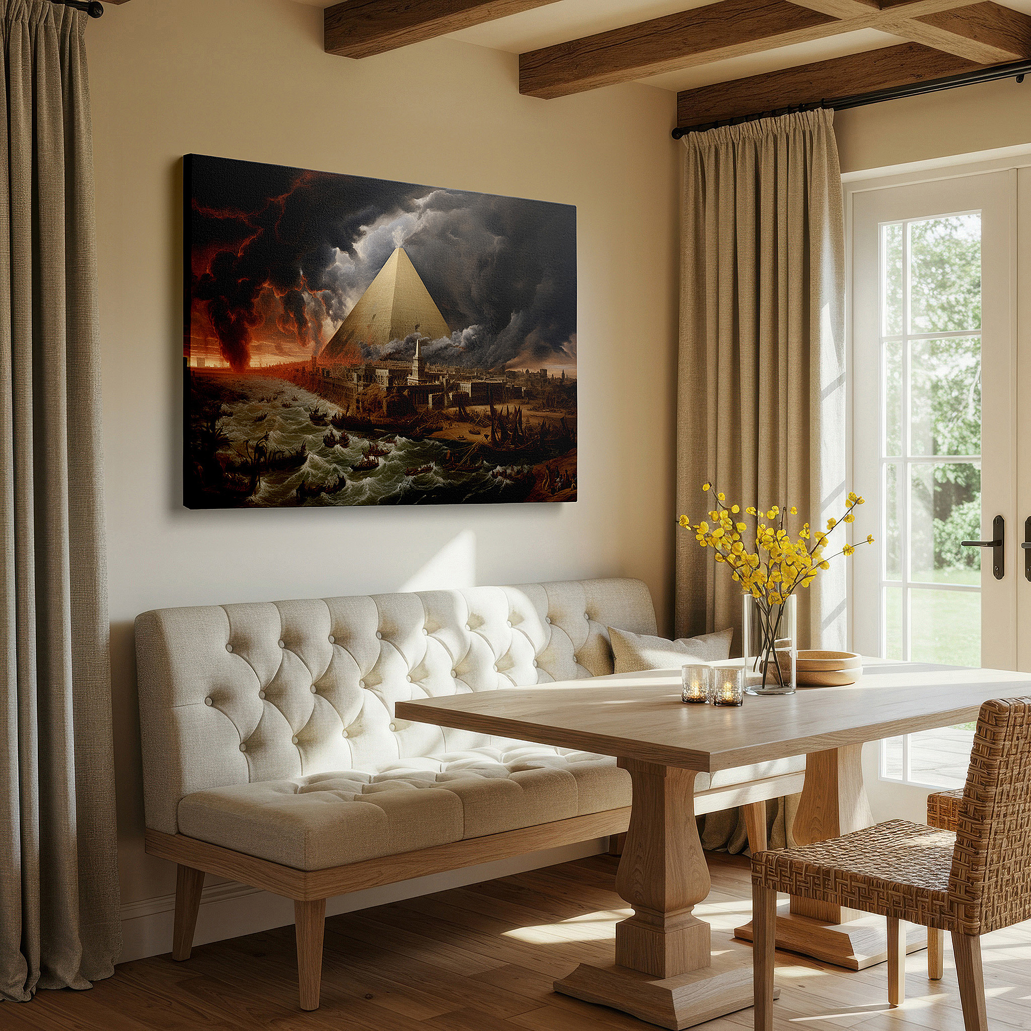 Presented on a clean white gallery wall with ample space — ancient pyramids and modern structures against a stormy sky - celebrating human endurance and creativity large wall art, canvas wall art, wall decor