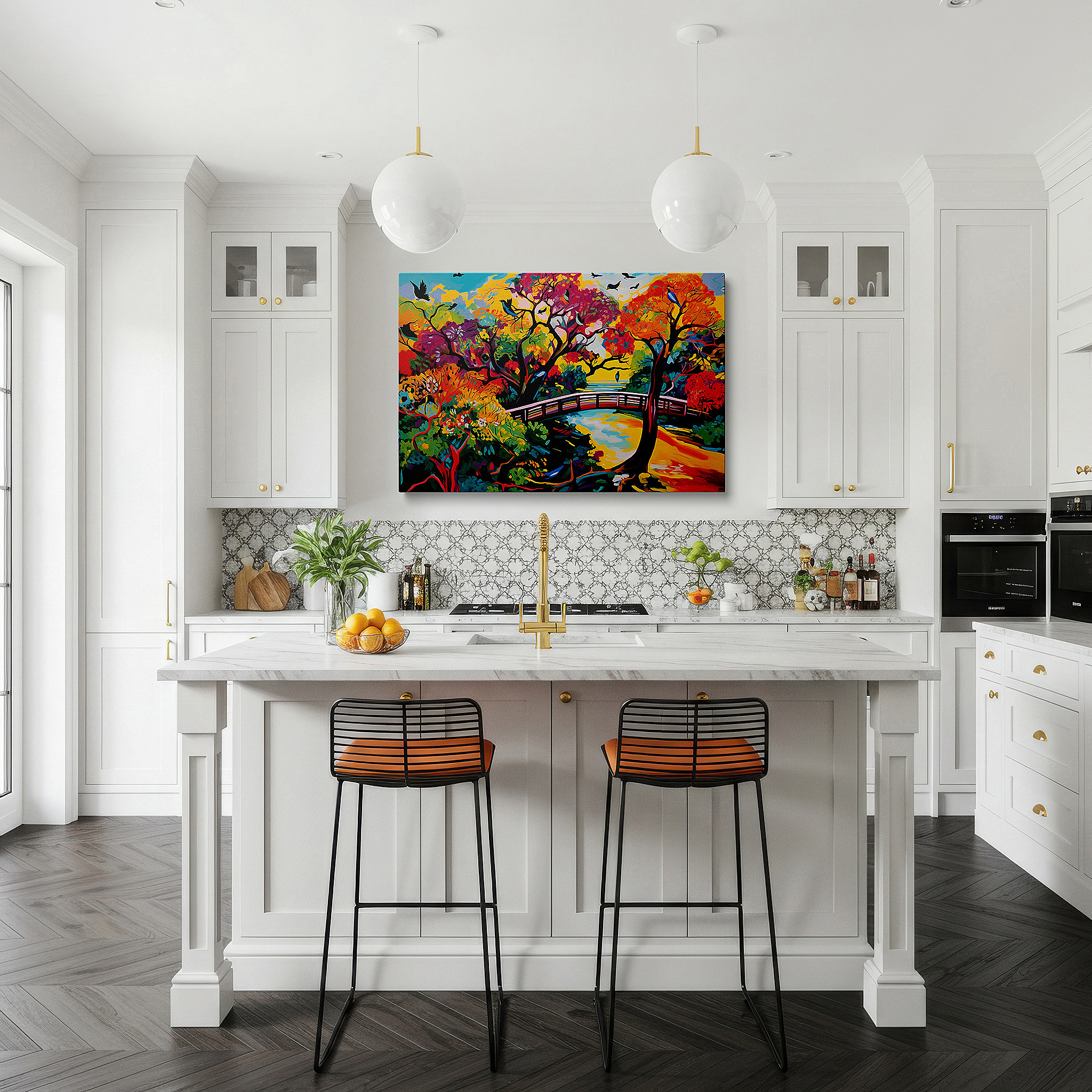 Presented on a clean white gallery wall with ample space — autumn's gateway - a striking oil painting of rustic bridges and bright autumn leaves, large wall art, canvas wall art, wall decor for office and bedroom