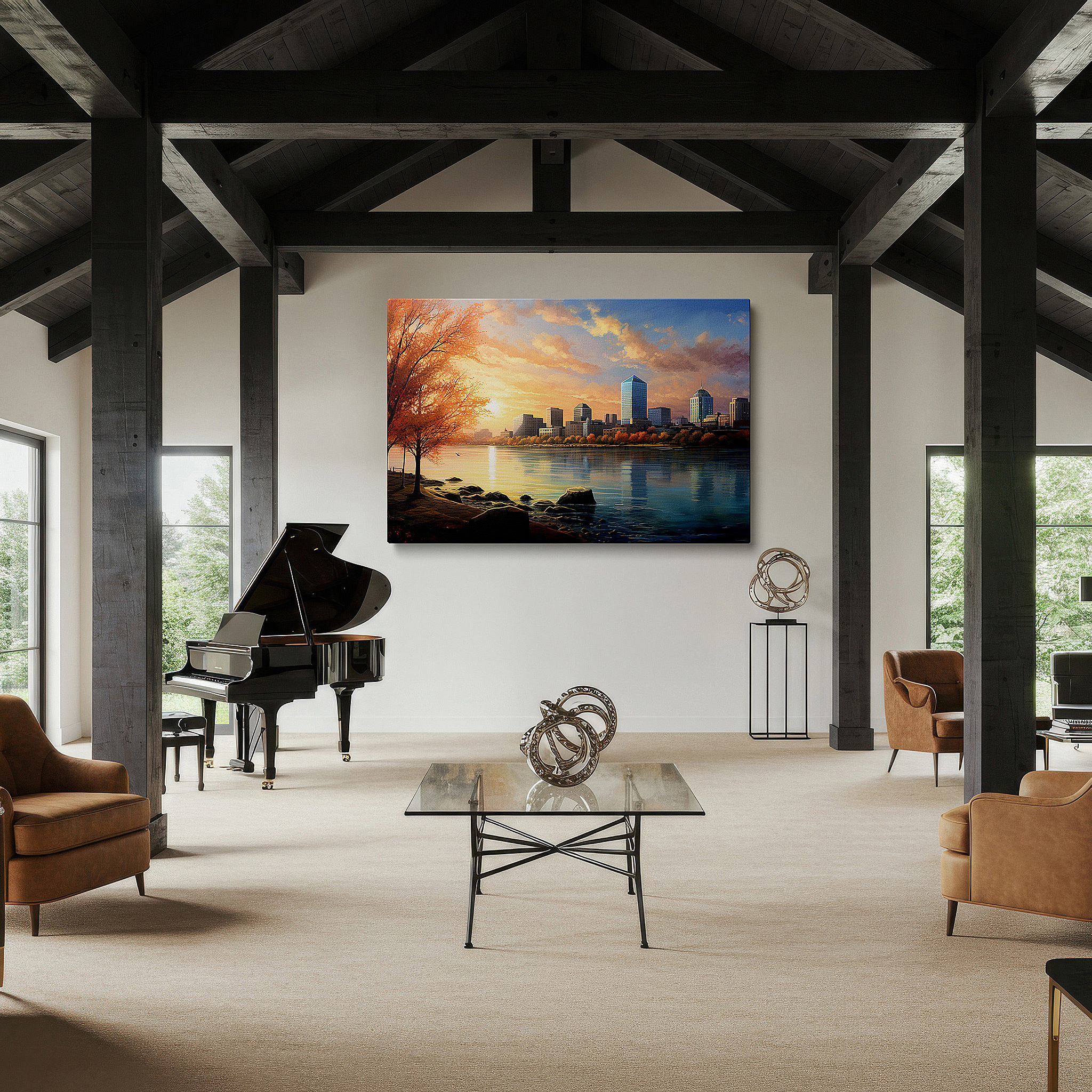 Presented on a clean white gallery wall with ample space — autumnal city skyline and golden sunset reflection large canvas wall art for office and bedroom decor