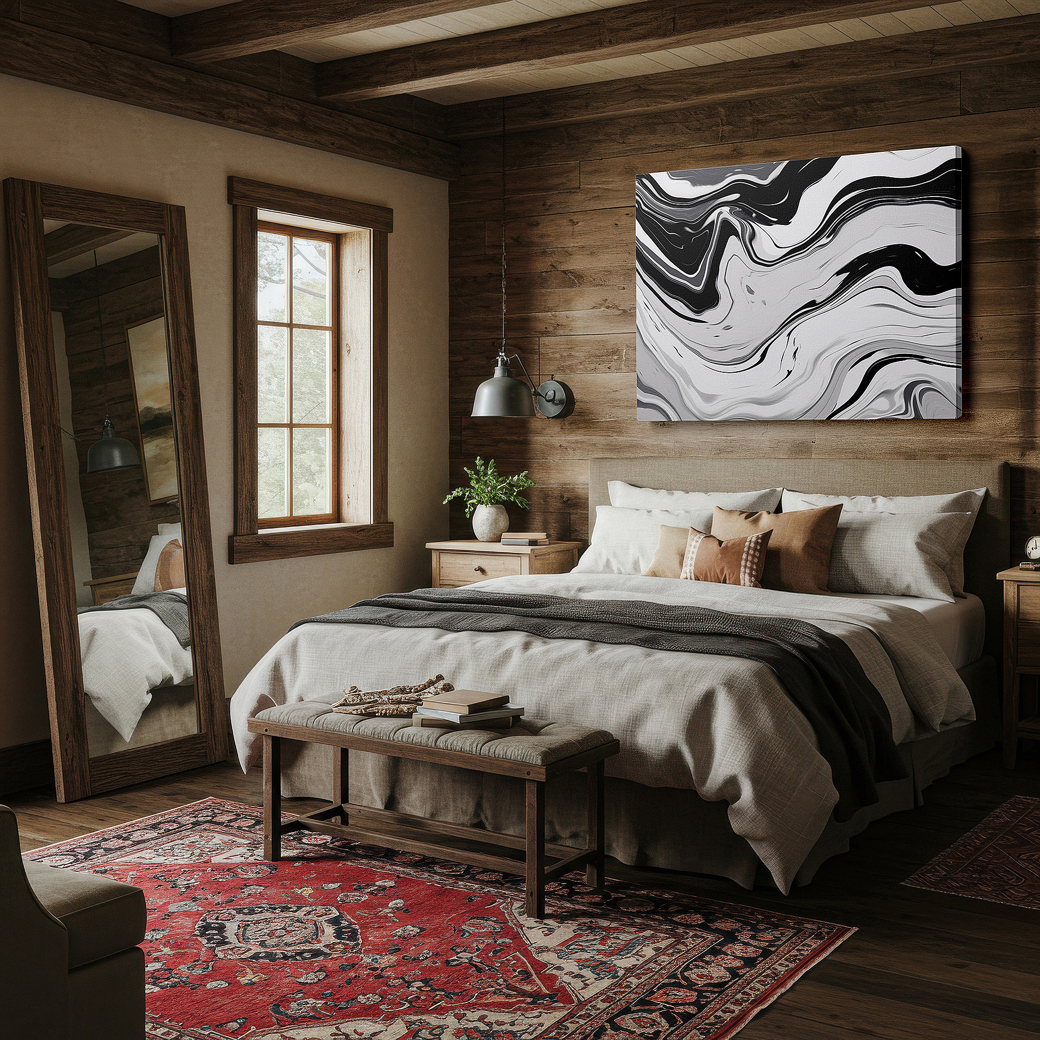 Presented on a clean white gallery wall with ample space — black and white captivating waves: a dance of shadow and light - large wall art, canvas wall art, wall decor for office and bedroom