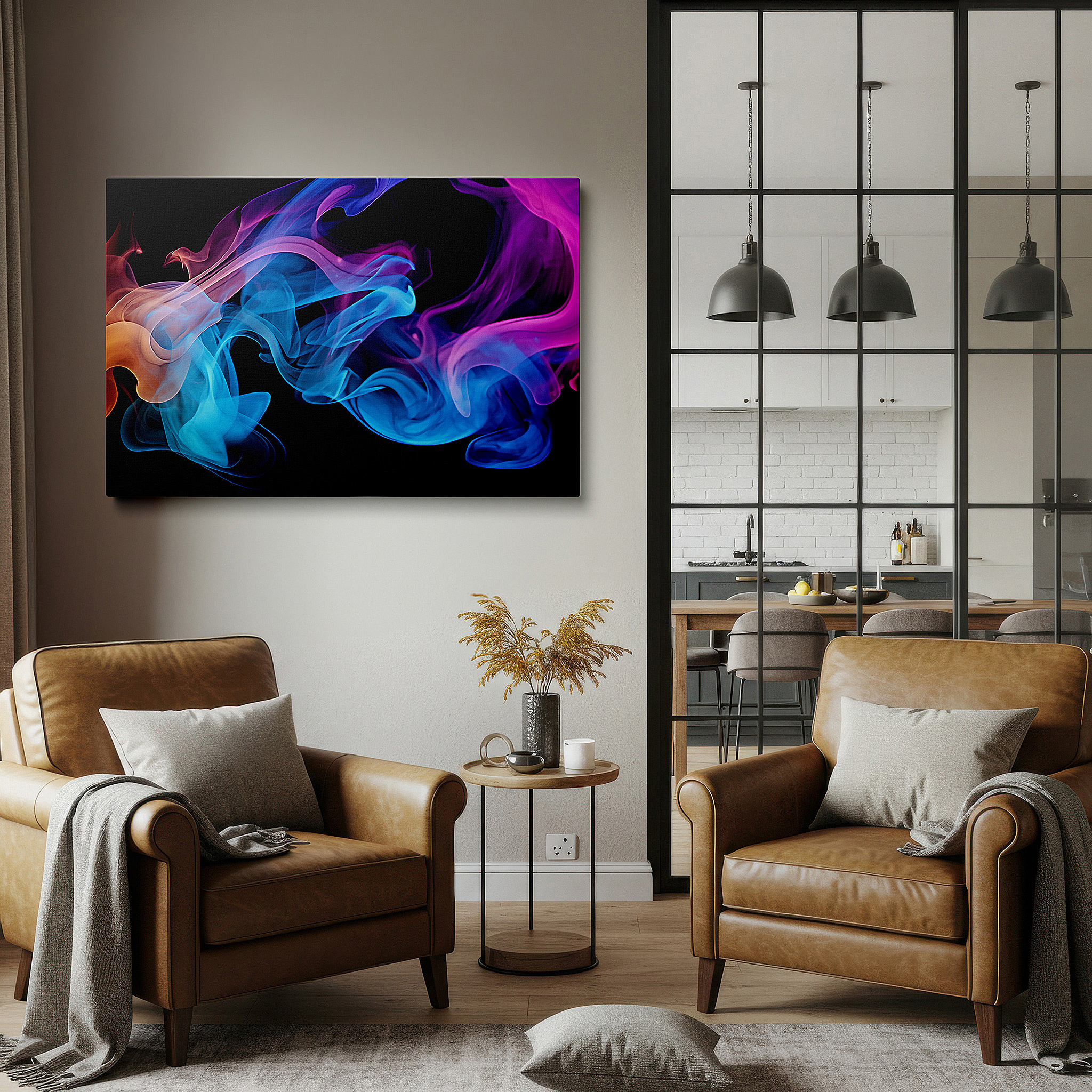 Presented on a clean white gallery wall with ample space — blue, pink, and orange dynamic swirls and smoke-like shapes dancing wall art, large canvas for office decor