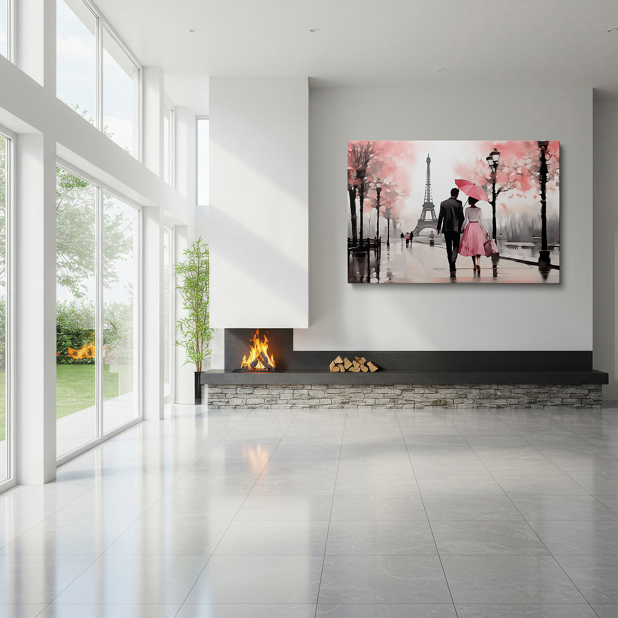Presented on a clean white gallery wall with ample space — cherry blossoms and eiffel tower romantic stroll large canvas wall art for office, bedroom, and living room decor