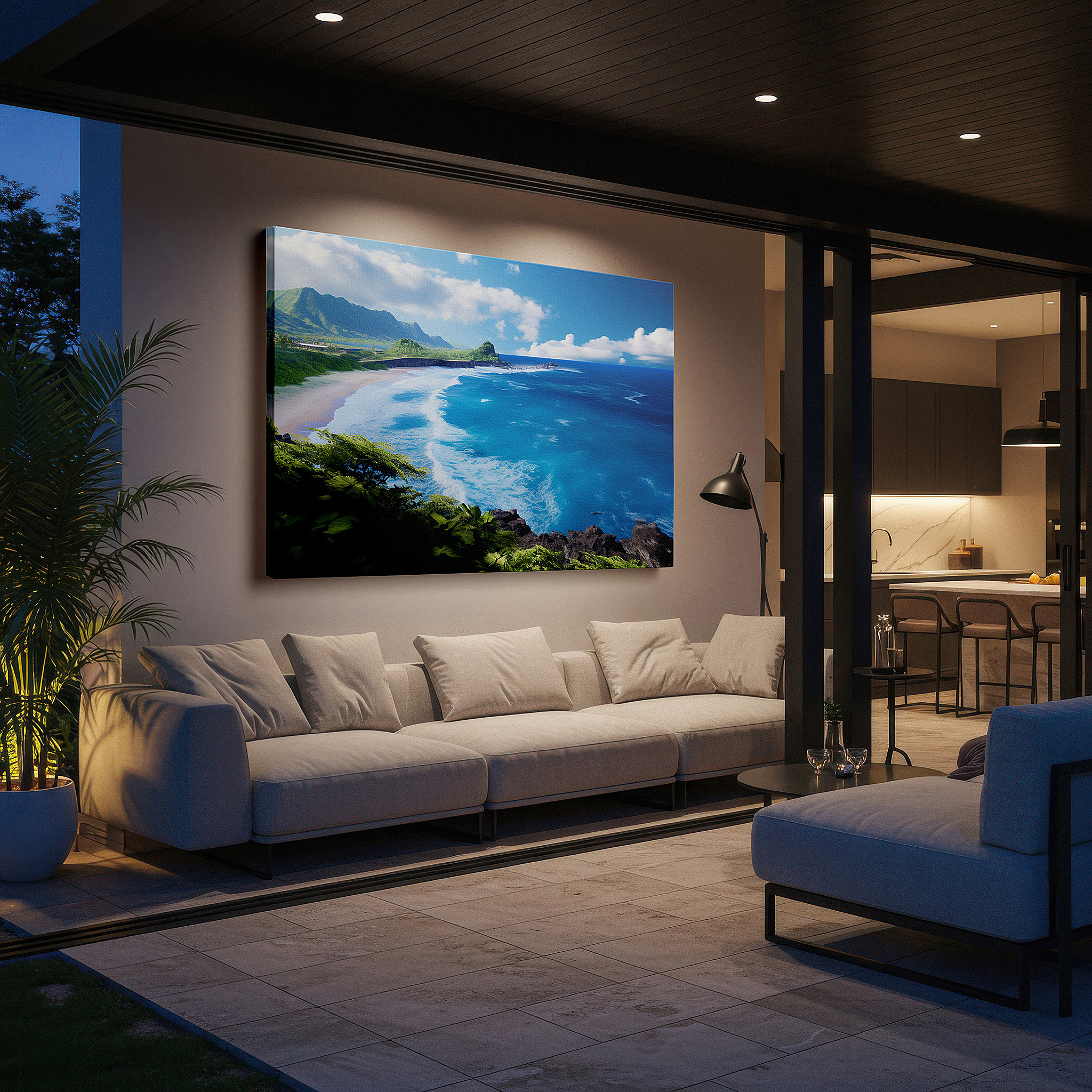 Presented on a clean white gallery wall with ample space — coastal tranquility: lush hills and vibrant ocean waves - large canvas wall art for office, bedroom, and living room decor