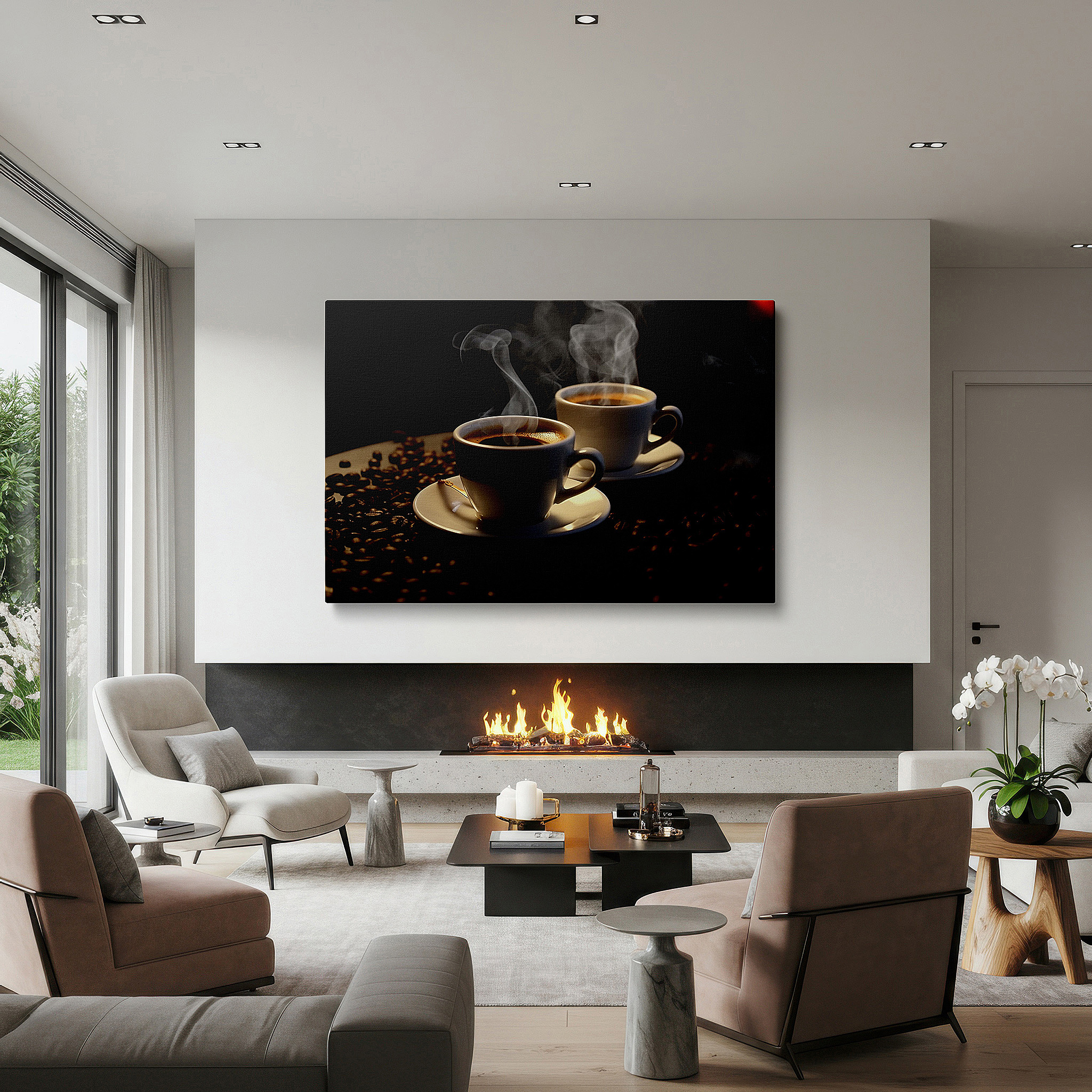 Presented on a clean white gallery wall with ample space — coffee culture tribute wall art featuring steaming cups and roasted beans - large canvas for office or bedroom decor