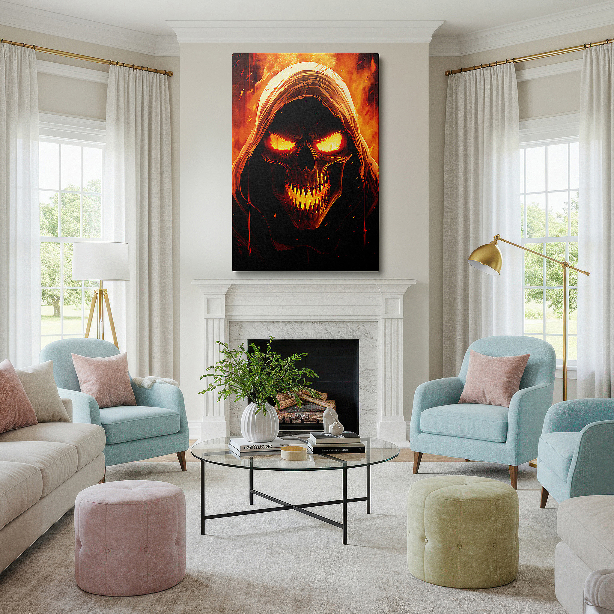 Presented on a clean white gallery wall with ample space — dance of death and passion in flames wall art, large canvas decor for office, bedroom, and living room