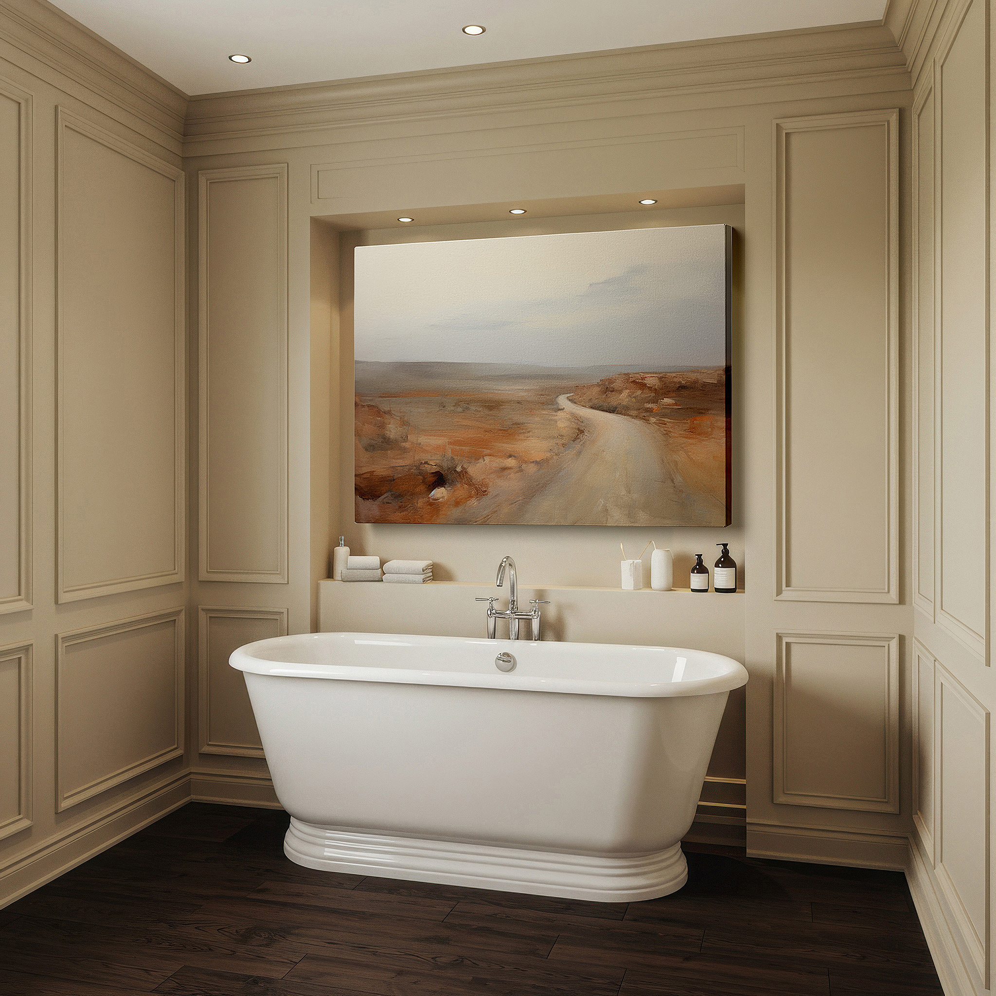 Presented on a clean white gallery wall with ample space — desert journey: solitude and adventure - large canvas wall art for office and bedroom decor