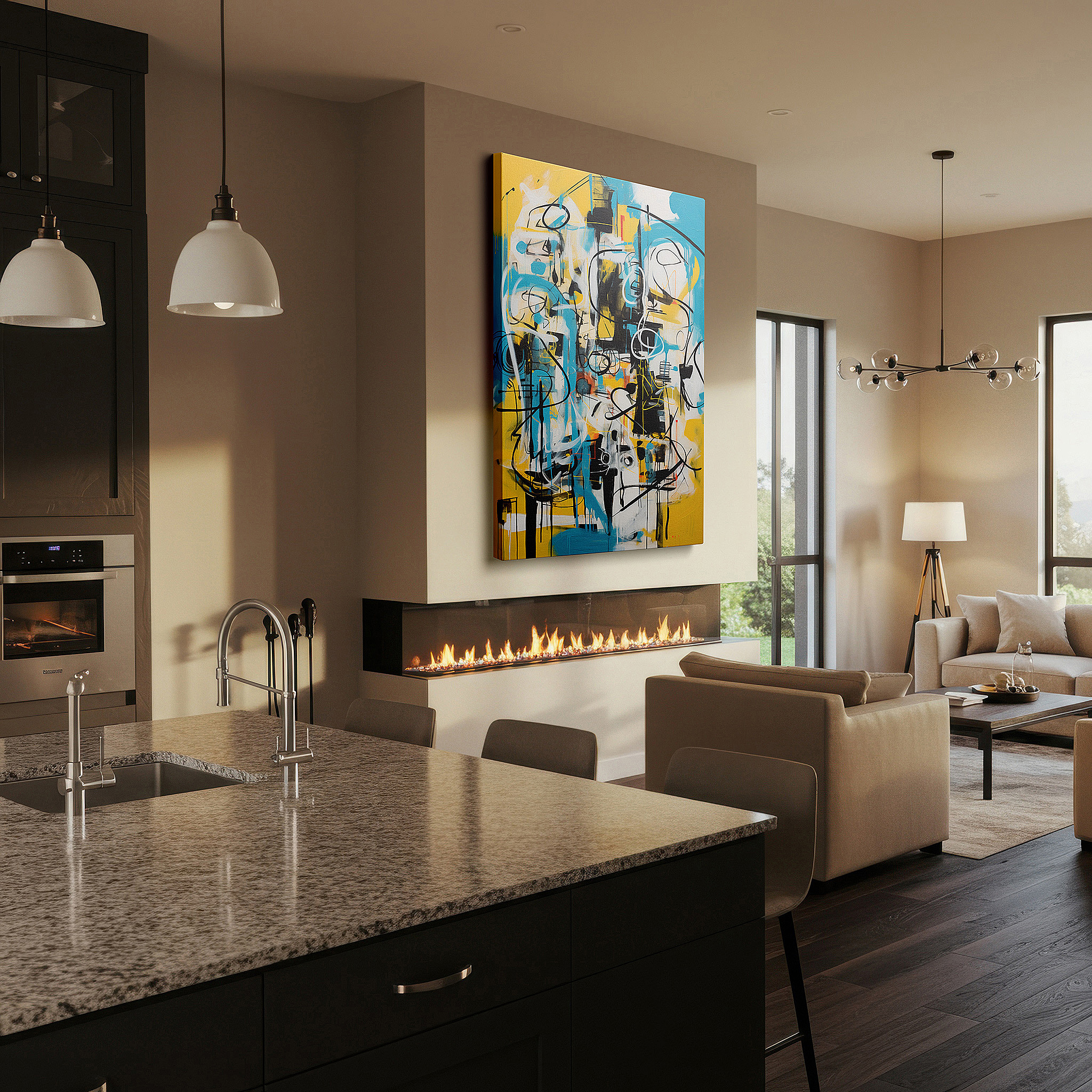 Presented on a clean white gallery wall with ample space — dynamic blue and yellow swirls: a vivid dance of chaos and harmony - large canvas wall art for office and bedroom decor