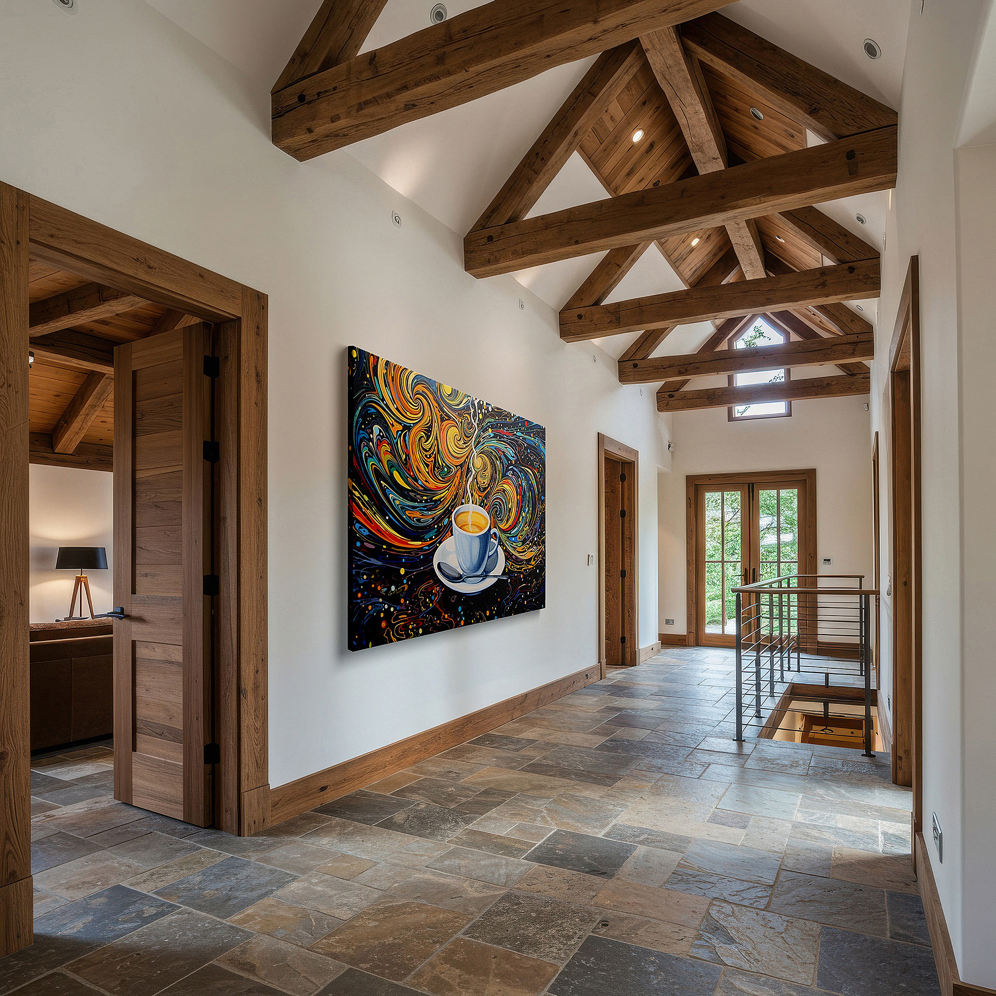 Presented on a clean white gallery wall with ample space — dynamic coffee culture symphony wall art, energizing and creative large canvas decor for office and bedroom