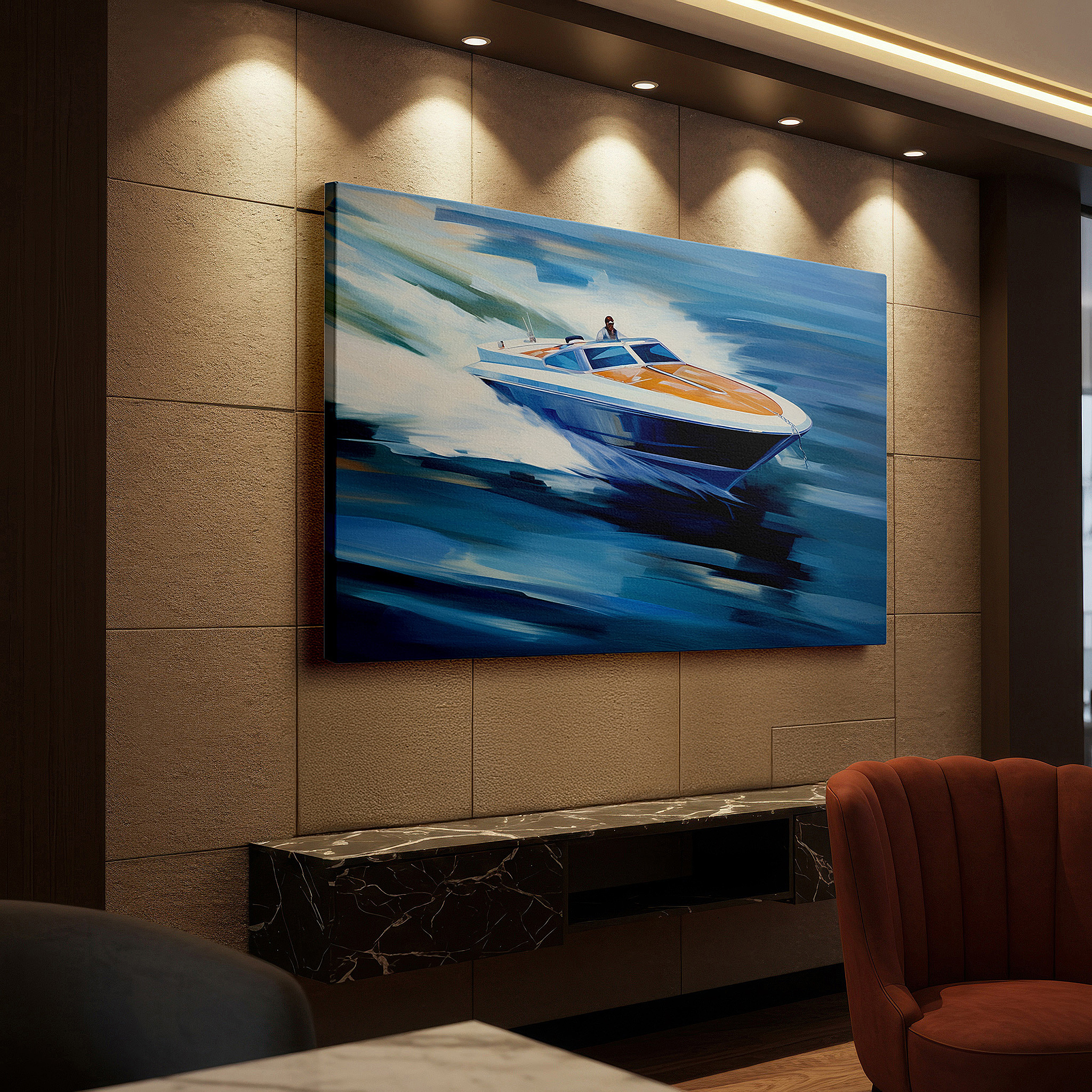 Presented on a clean white gallery wall with ample space — dynamic speed boat adventure on azure waves - nautical thrills and elegance wall art, large canvas decor for office