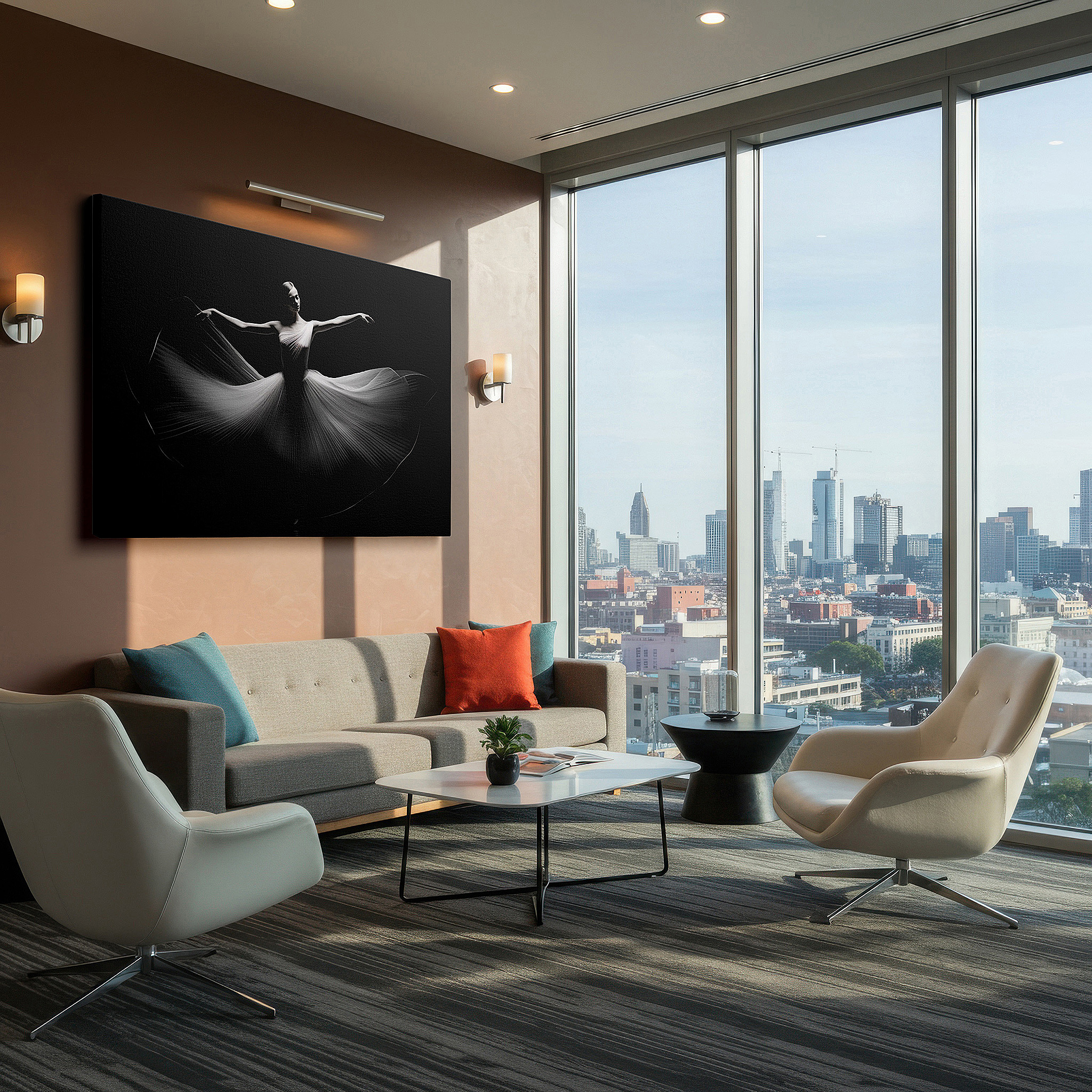 Presented on a clean white gallery wall with ample space — elegant dancer in motion: a symphony of fabric and light on a stark black background - large wall art, canvas wall art, wall decor