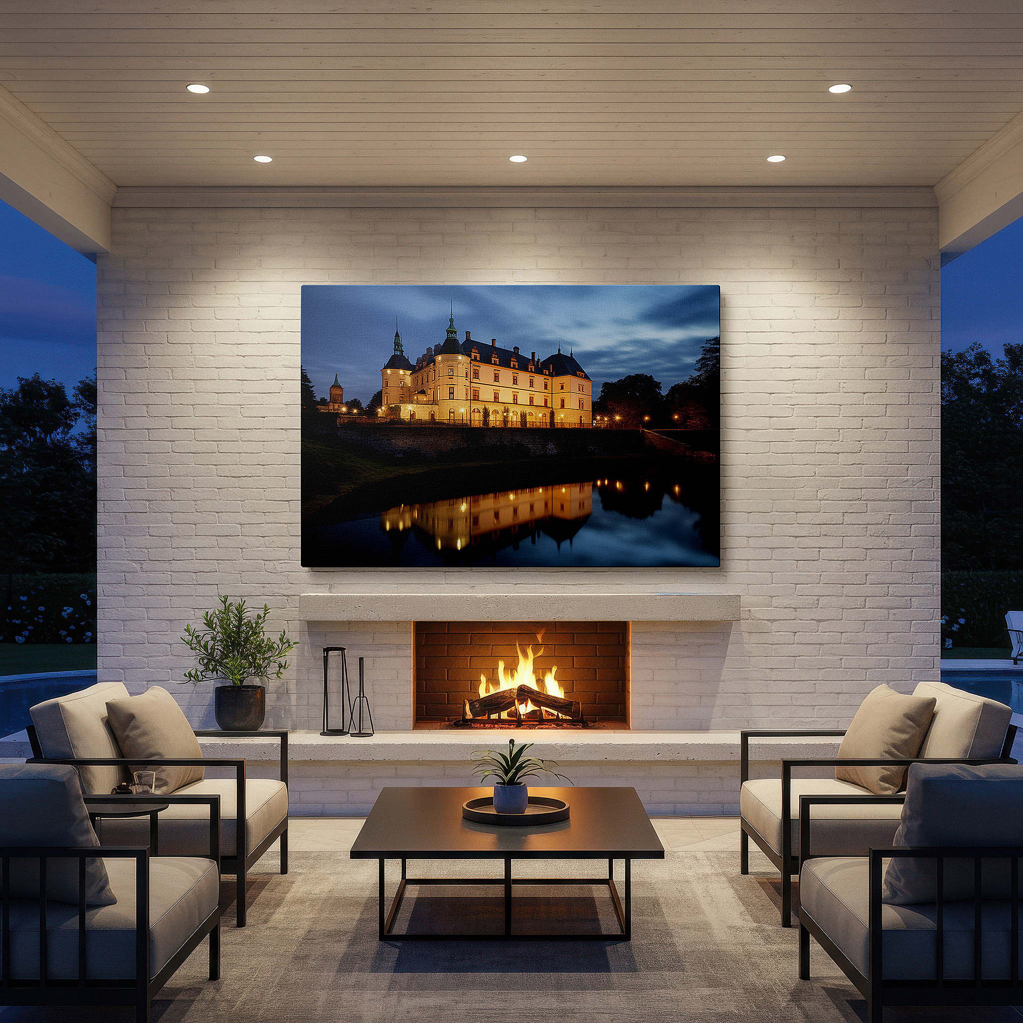 Presented on a clean white gallery wall with ample space — enchanted evening glow - majestic castle and golden reflections on serene waters large canvas wall art, office wall decor