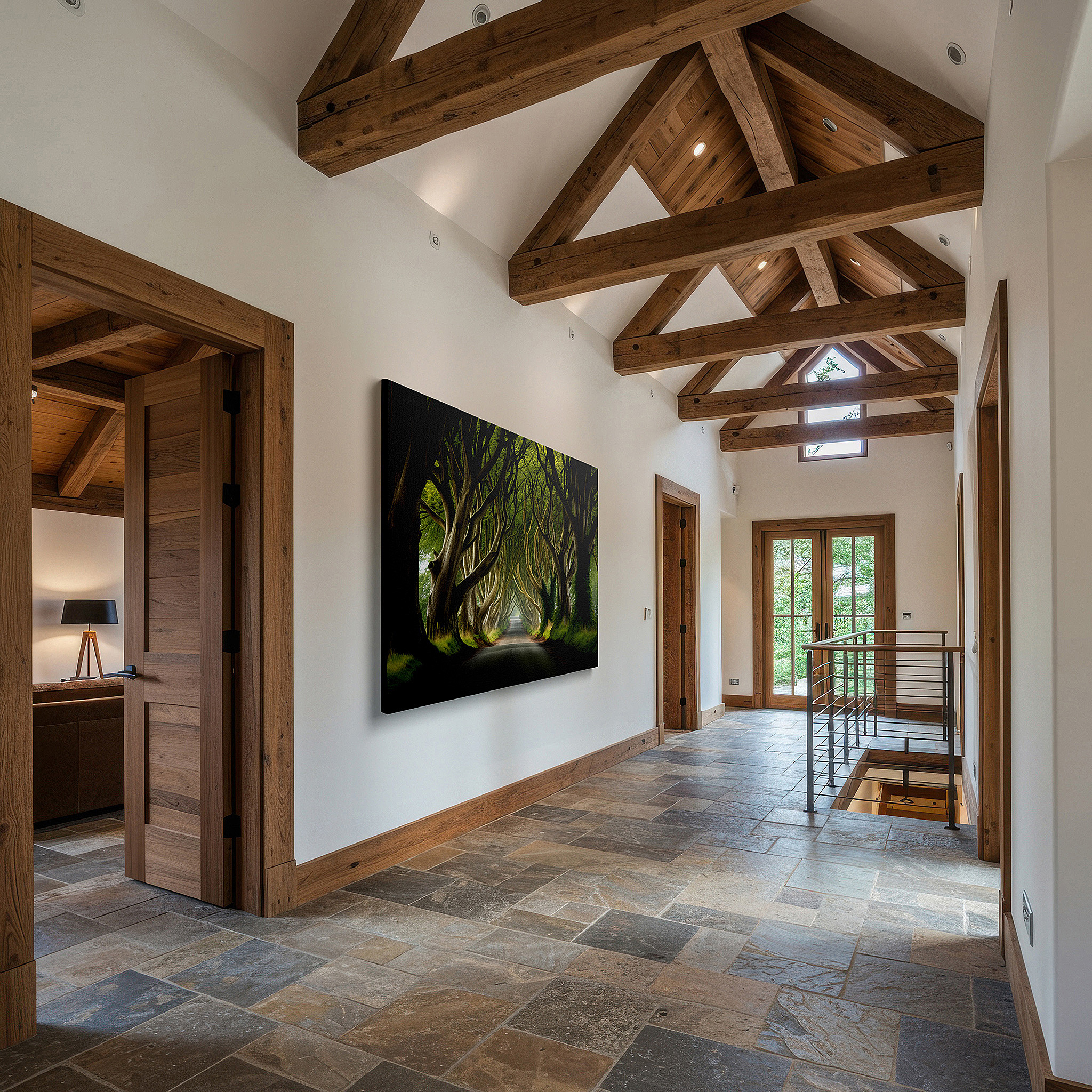 Presented on a clean white gallery wall with ample space — enchanted pathway amidst intertwined trees: tranquil nature journey large wall art, canvas wall art, wall decor for office