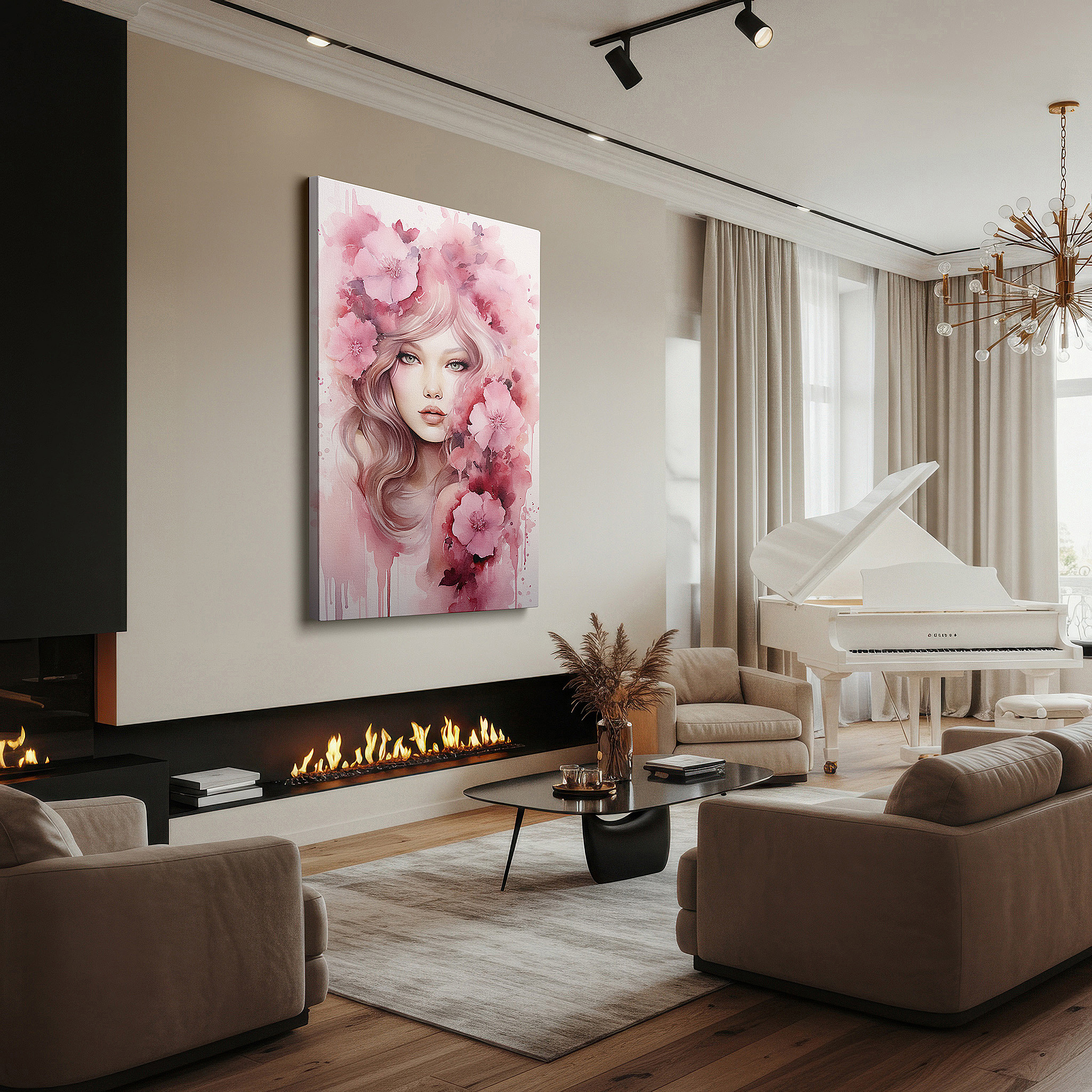 Presented on a clean white gallery wall with ample space — ethereal blossoms: a serene fusion of feminine elegance and natural charm - large wall art, canvas wall art, wall decor for office and bedroom