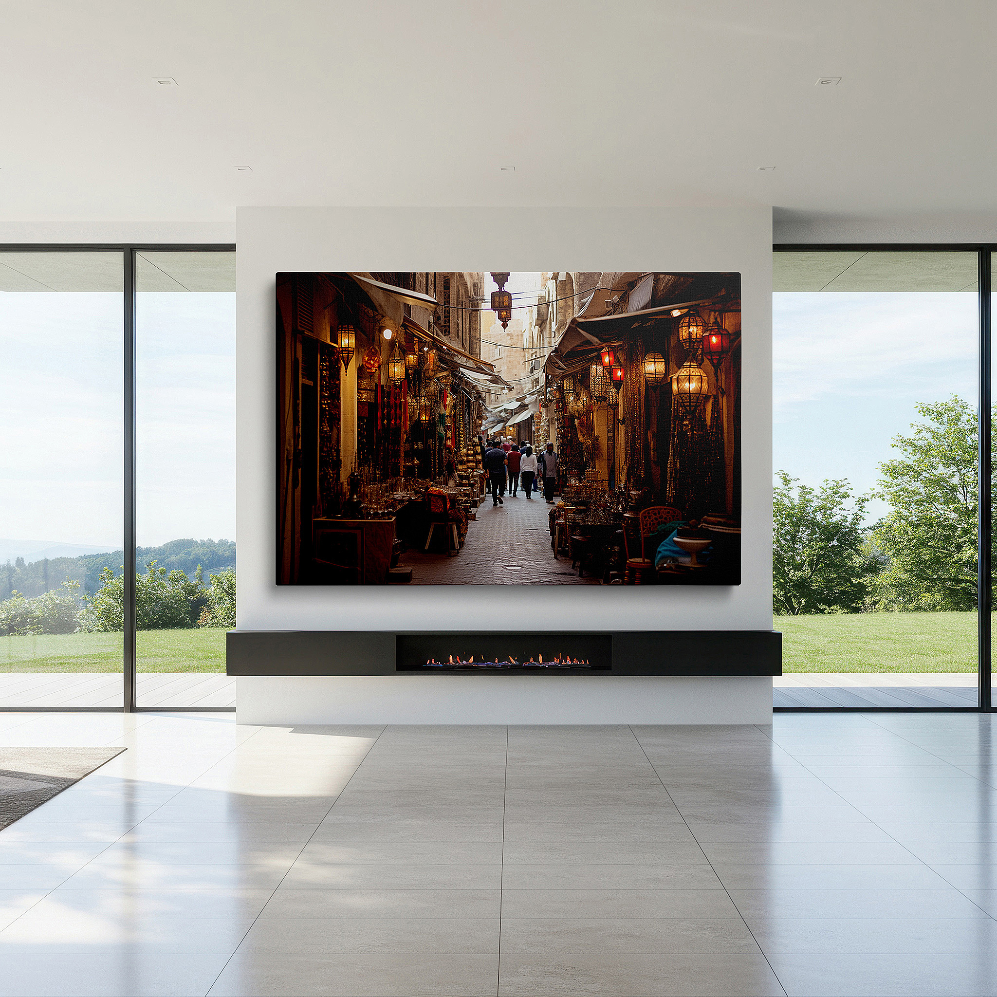 Presented on a clean white gallery wall with ample space — festively lit vibrant marketplace alley, a cultural mosaic displayed on large wall art, canvas wall art, wall decor for office