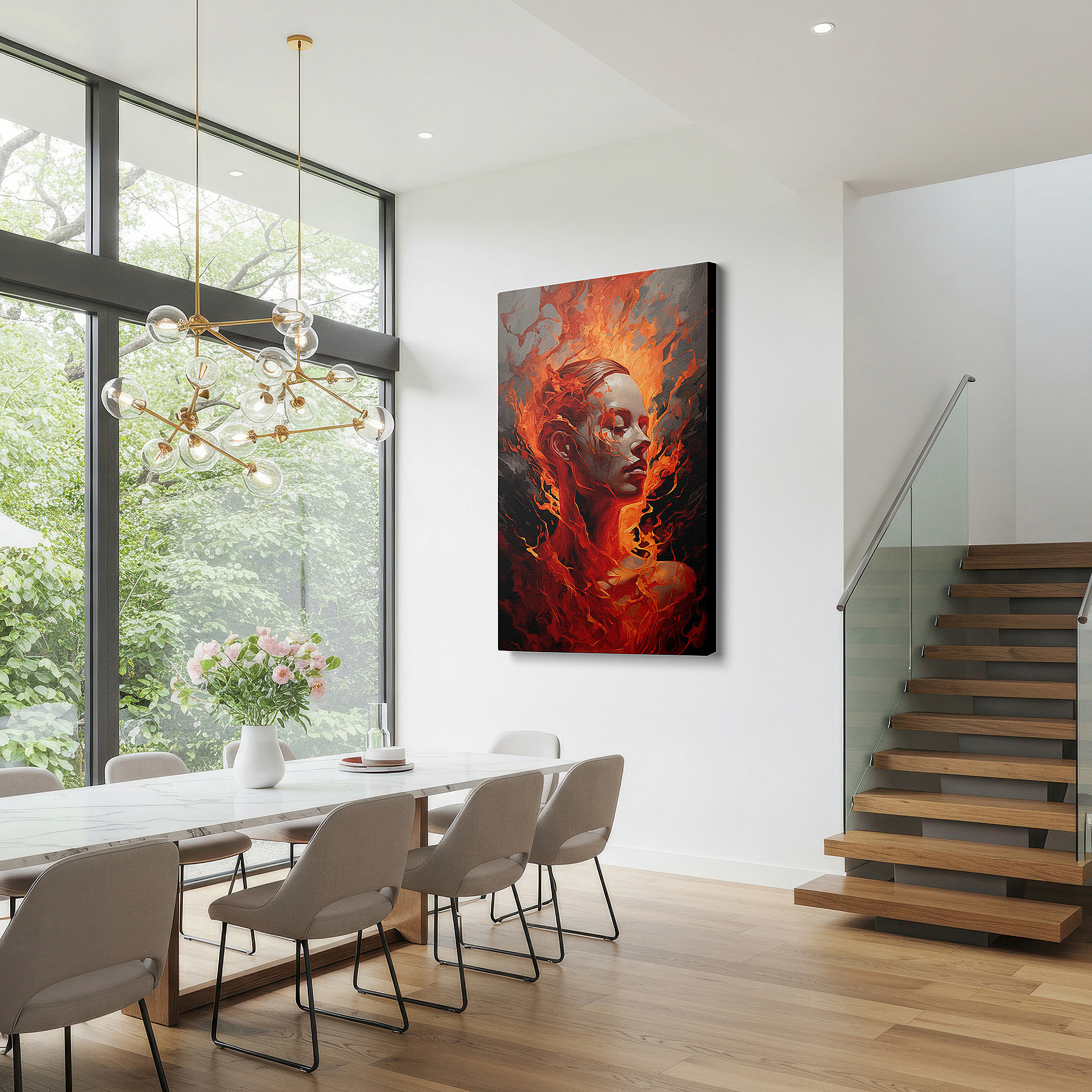 Presented on a clean white gallery wall with ample space — fiery aura of serenity: a vivid depiction of inner strength and transformation - large wall art, canvas wall art, wall decor for office and bedroom