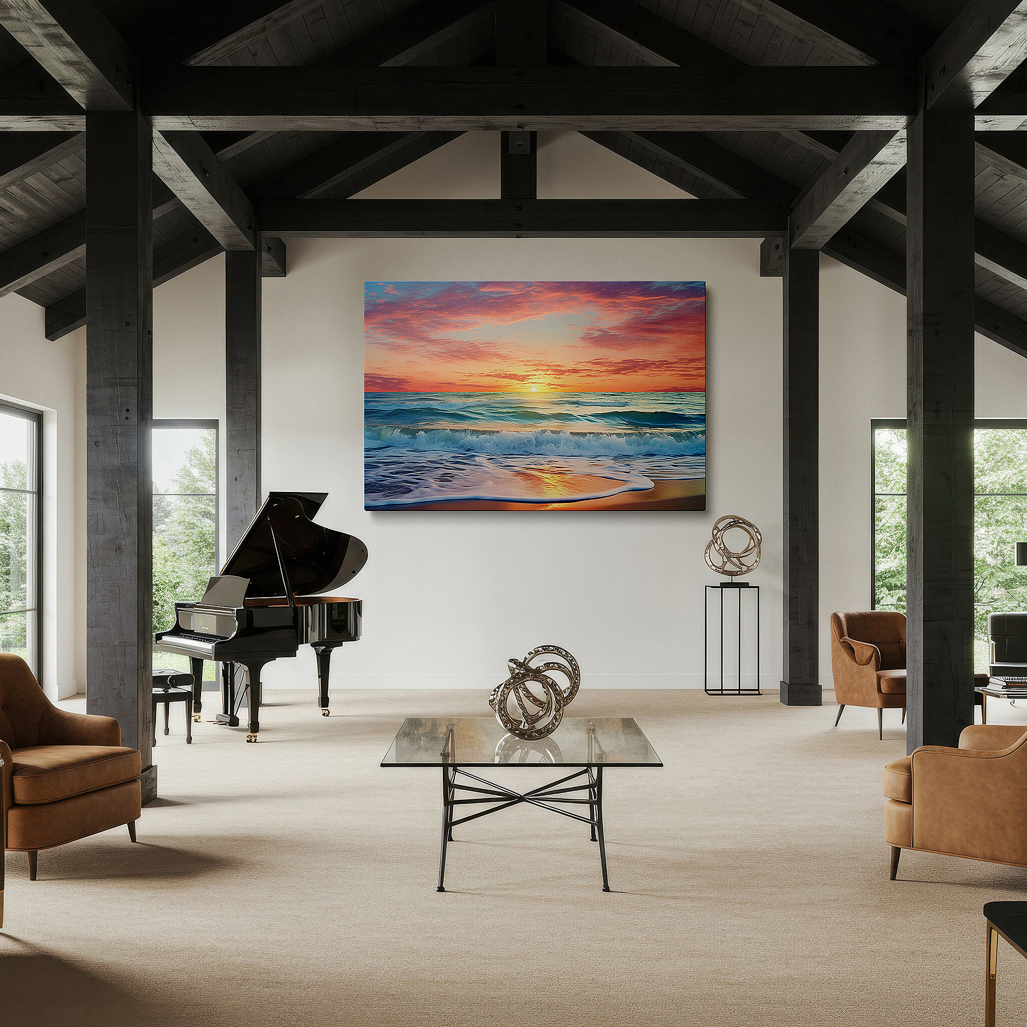 Presented on a clean white gallery wall with ample space — fiery hues and tranquil blues: sunset over the ocean large wall art, canvas wall art, wall decor for office and bedroom