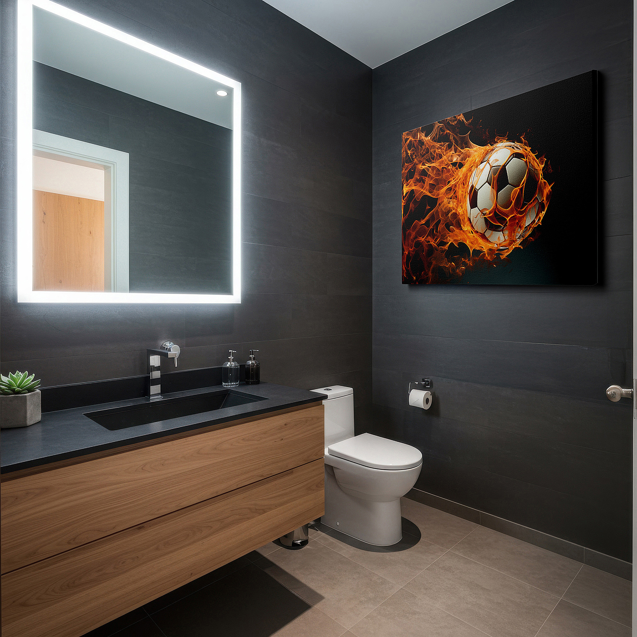 Presented on a clean white gallery wall with ample space — fiery soccer ball wall art: embodying passion and intensity in sports - ideal for office, bedroom, and living room decor