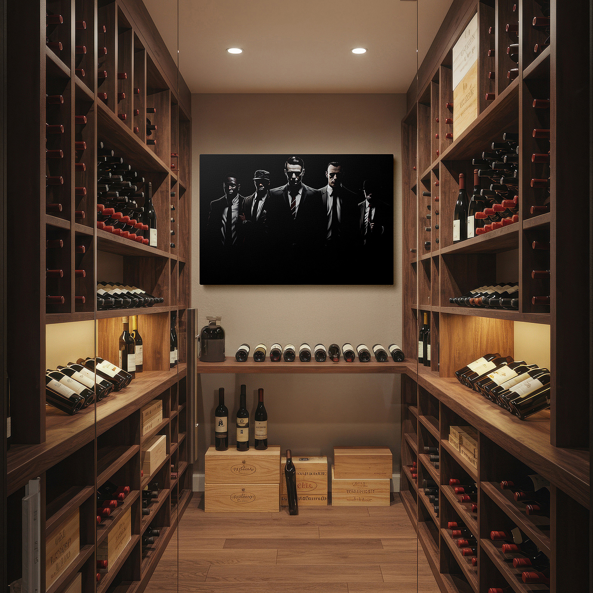 Presented on a clean white gallery wall with ample space — five men in suits symbolizing leadership and unity, set against a mysterious background - large wall art, canvas wall art, wall decor for office and bedroom