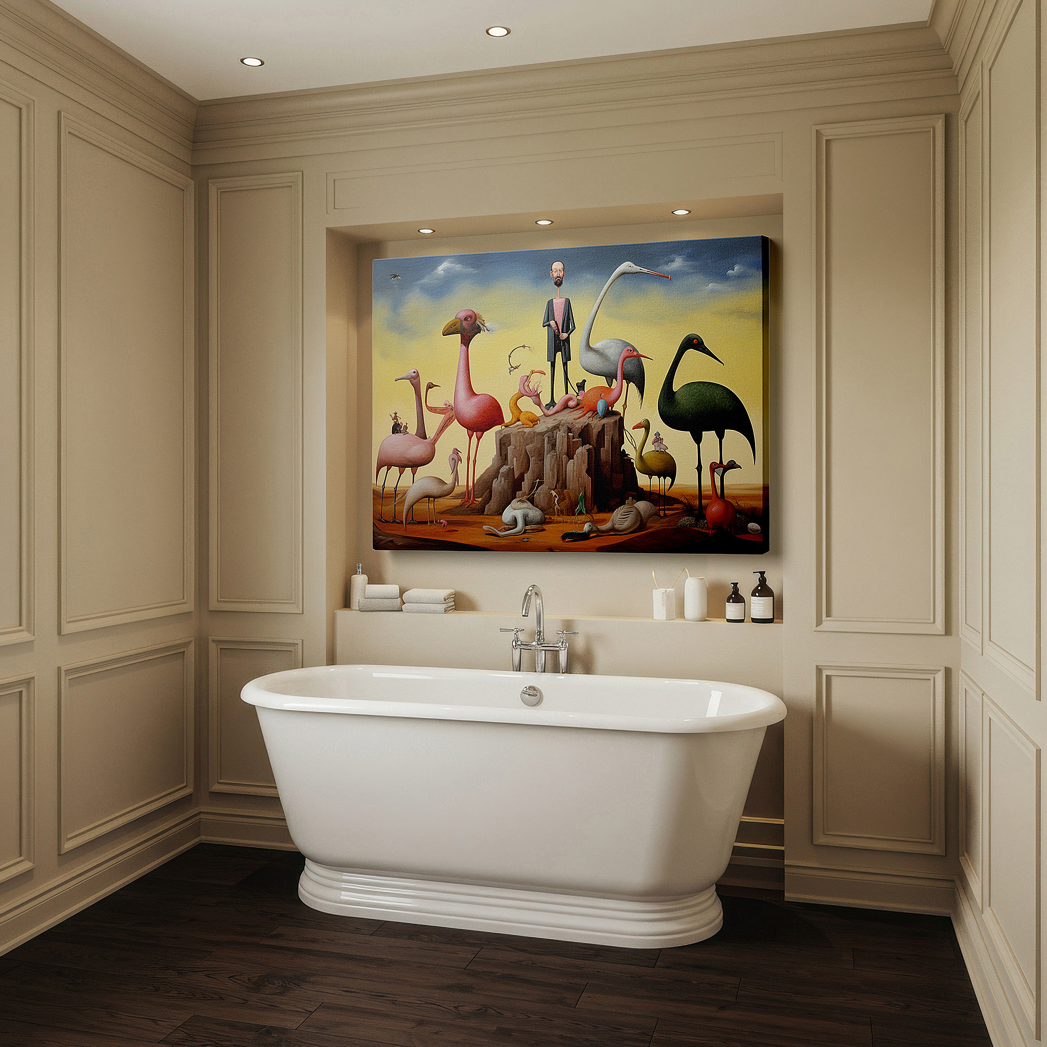 Presented on a clean white gallery wall with ample space — flamingos in a surreal dreamscape: ethereal light and psyche visual narrative, large canvas wall art for home and office decor