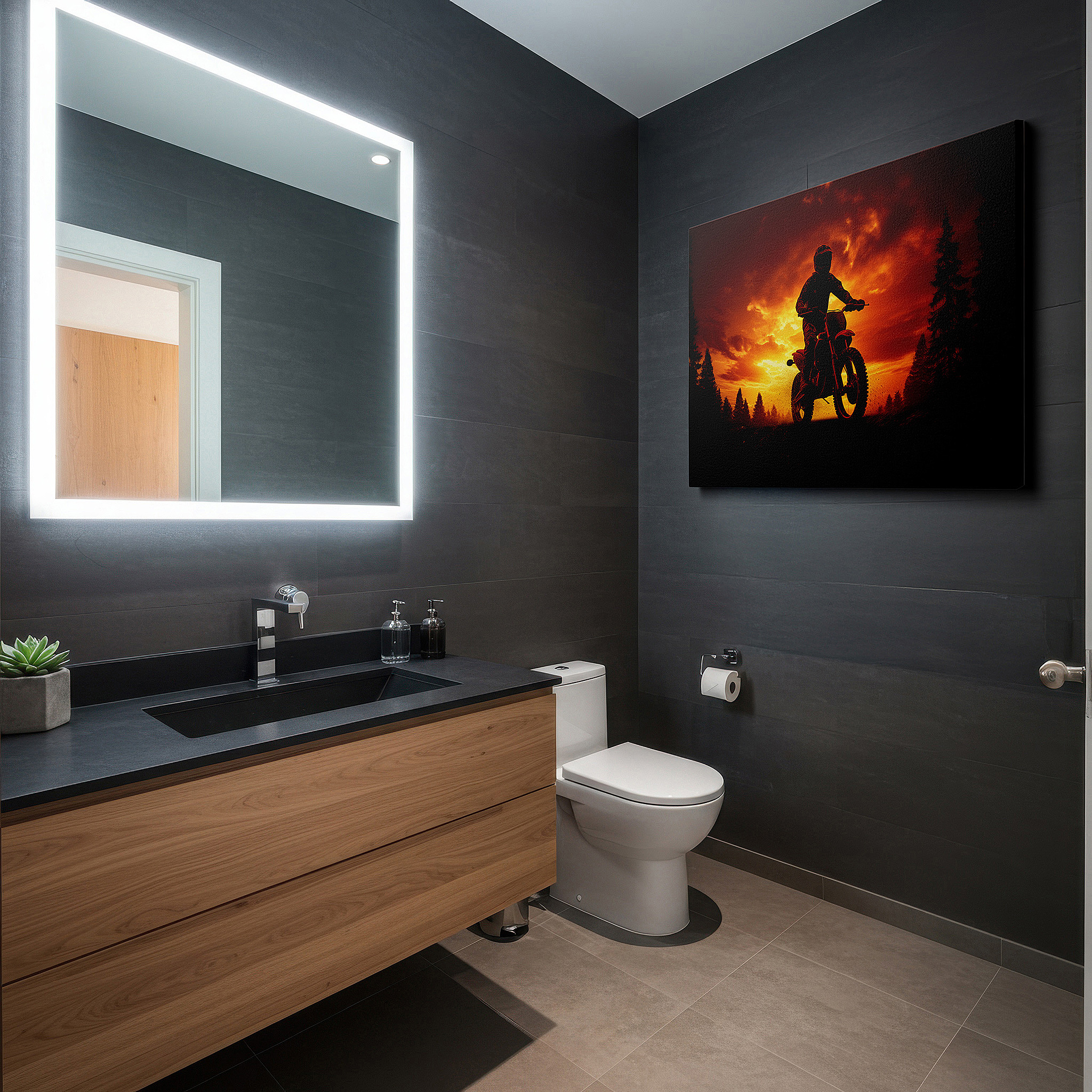 Presented on a clean white gallery wall with ample space — freedom's silhouette - motorcycle adventure sunset canvas: large wall art for office and bedroom decor