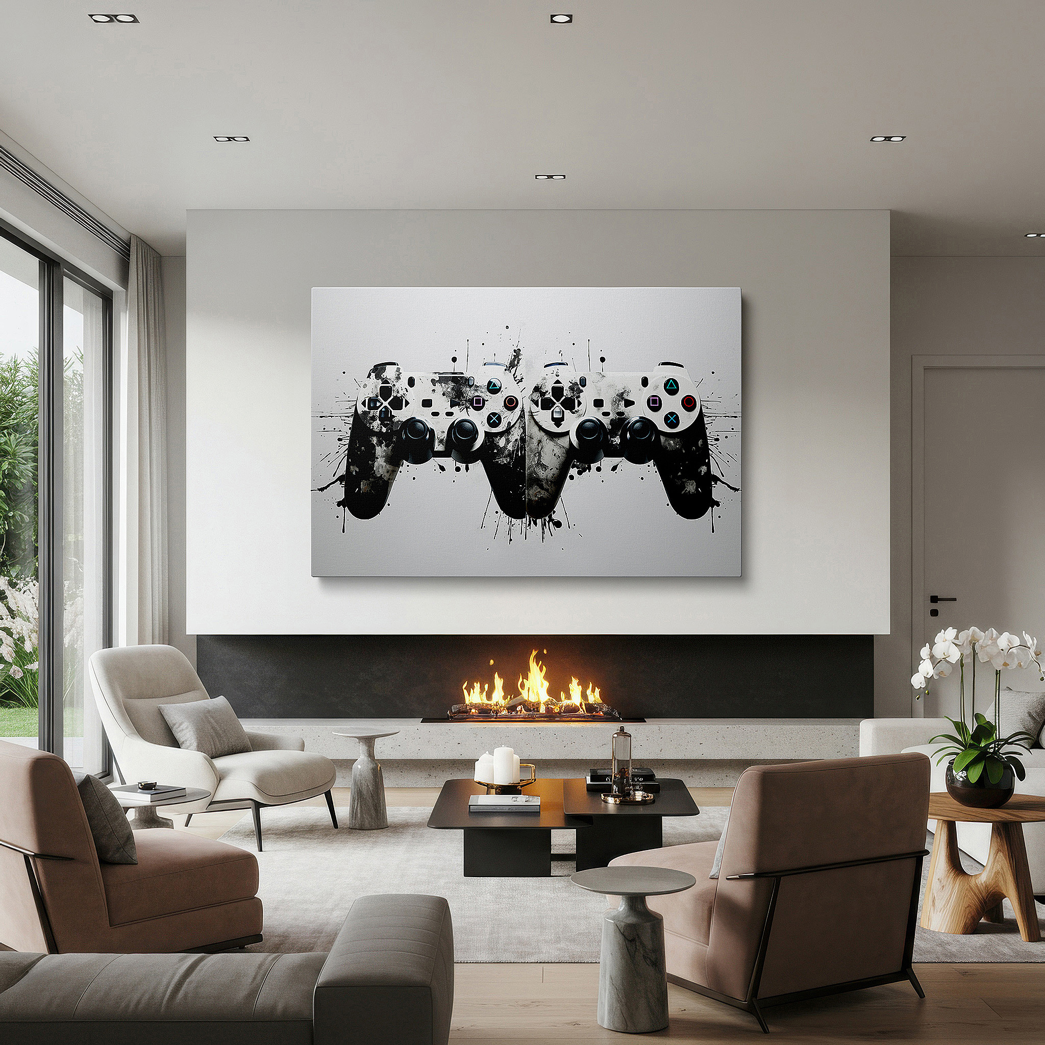 Presented on a clean white gallery wall with ample space — gaming controllers splatter-paint wall art: celebrating art and technology - large canvas for office decor