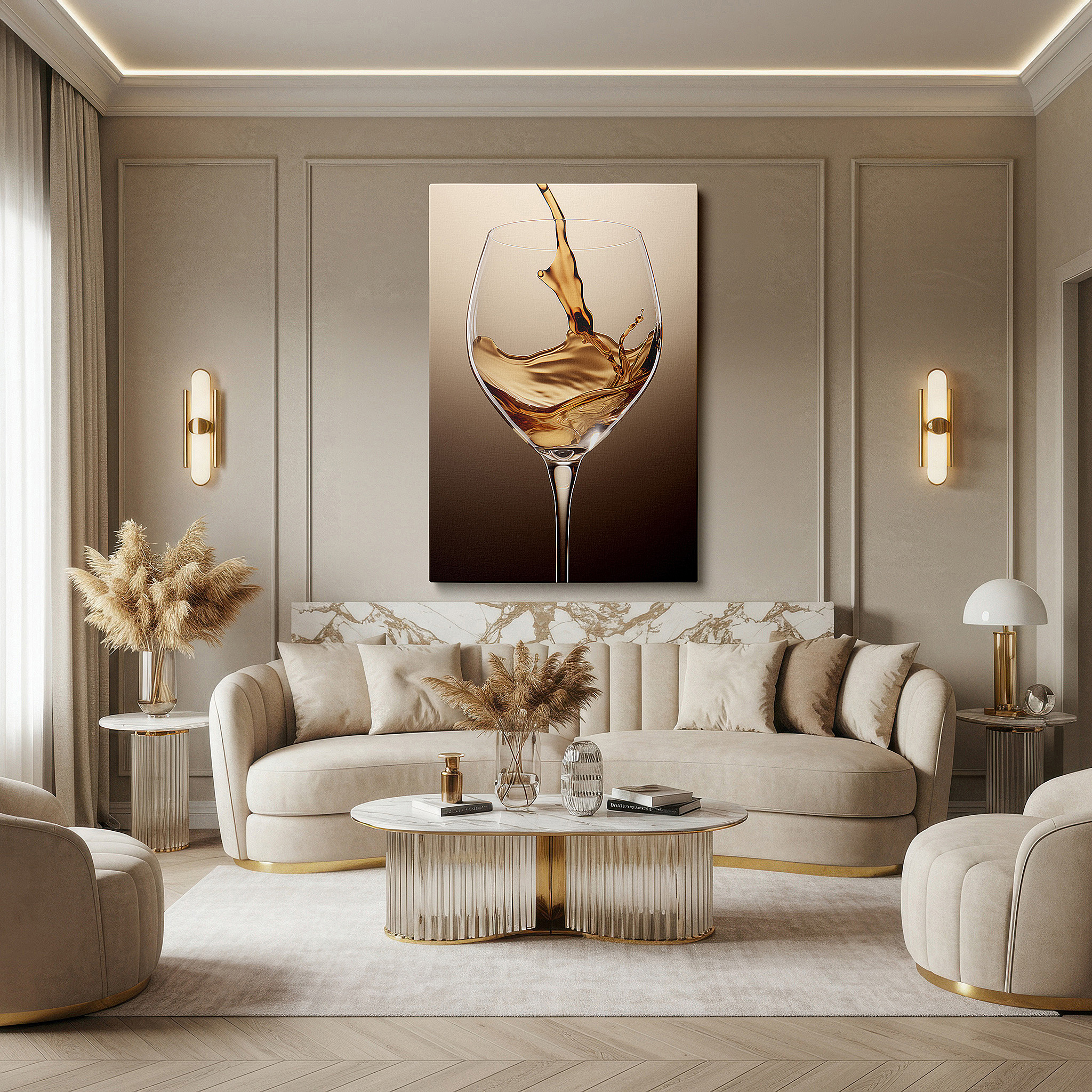 Presented on a clean white gallery wall with ample space — golden elixir flowing into crystal: a symphony of light and luxury - large canvas wall art for office and bedroom decor