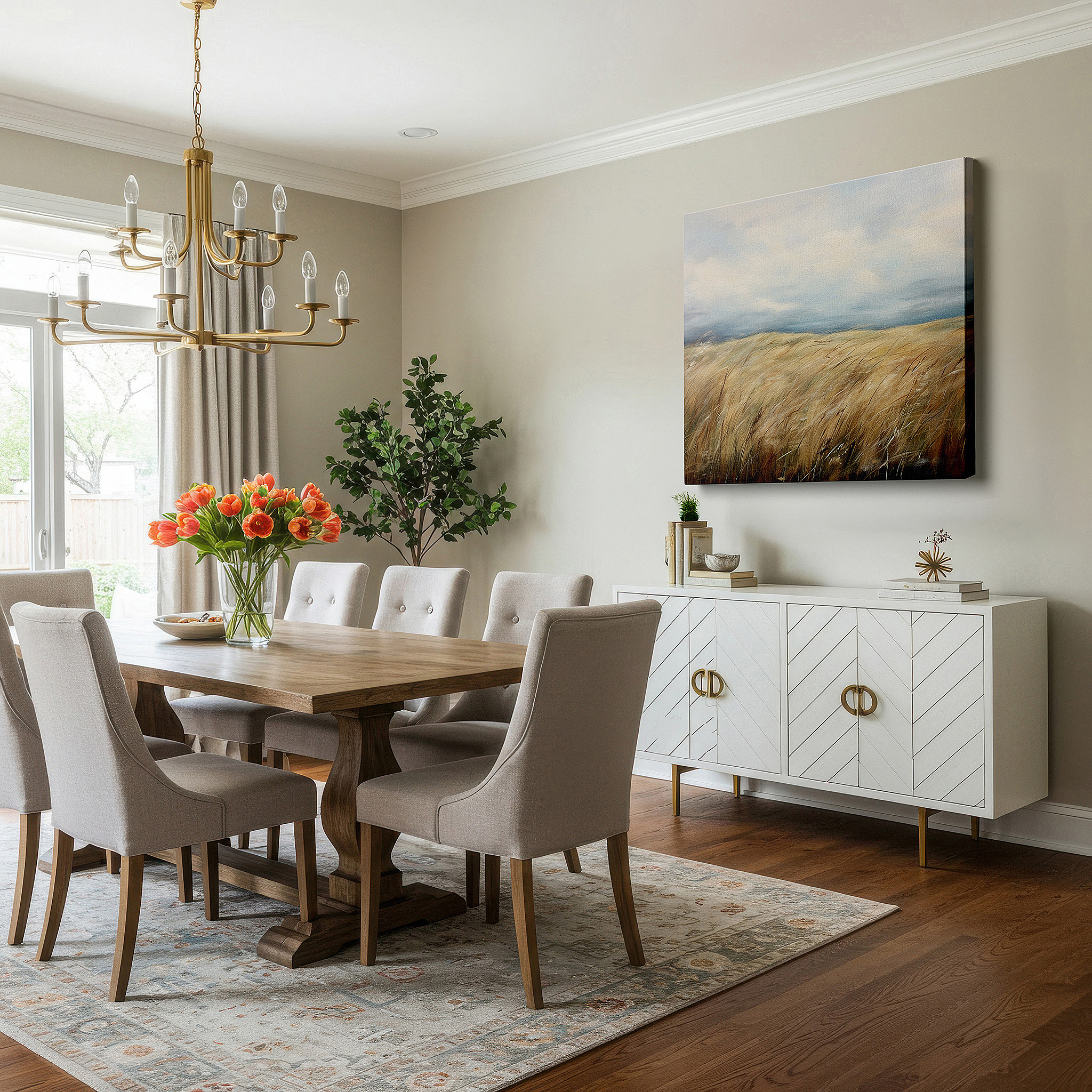 Presented on a clean white gallery wall with ample space — golden grasses beneath a gentle blue sky - abstract impressionist serenity, large canvas wall art for home and office decor