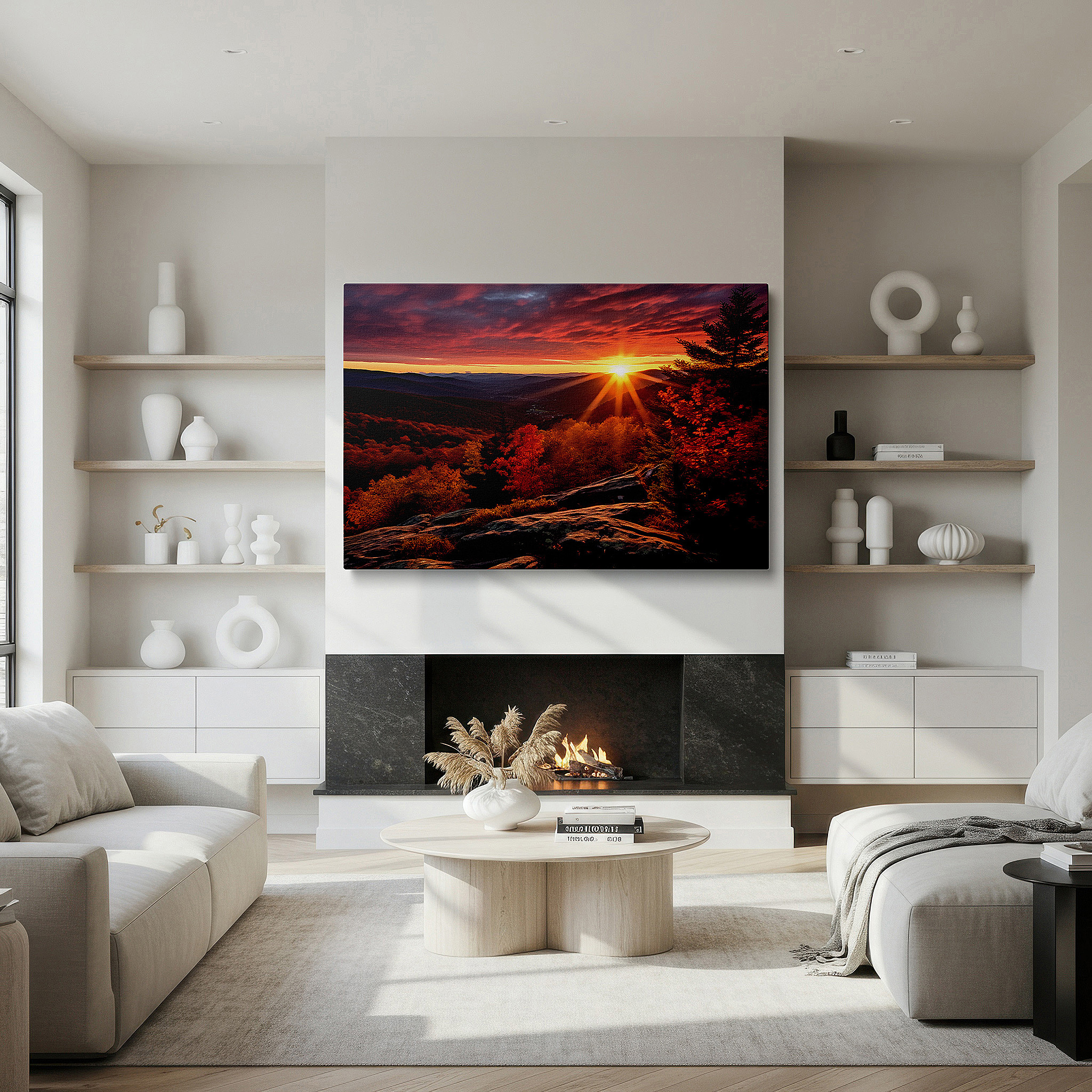 Presented on a clean white gallery wall with ample space — golden hour sunset over majestic mountains amidst autumn's vibrant tapestry large wall art, canvas wall art, wall art decor, office wall art, bedroom wall art