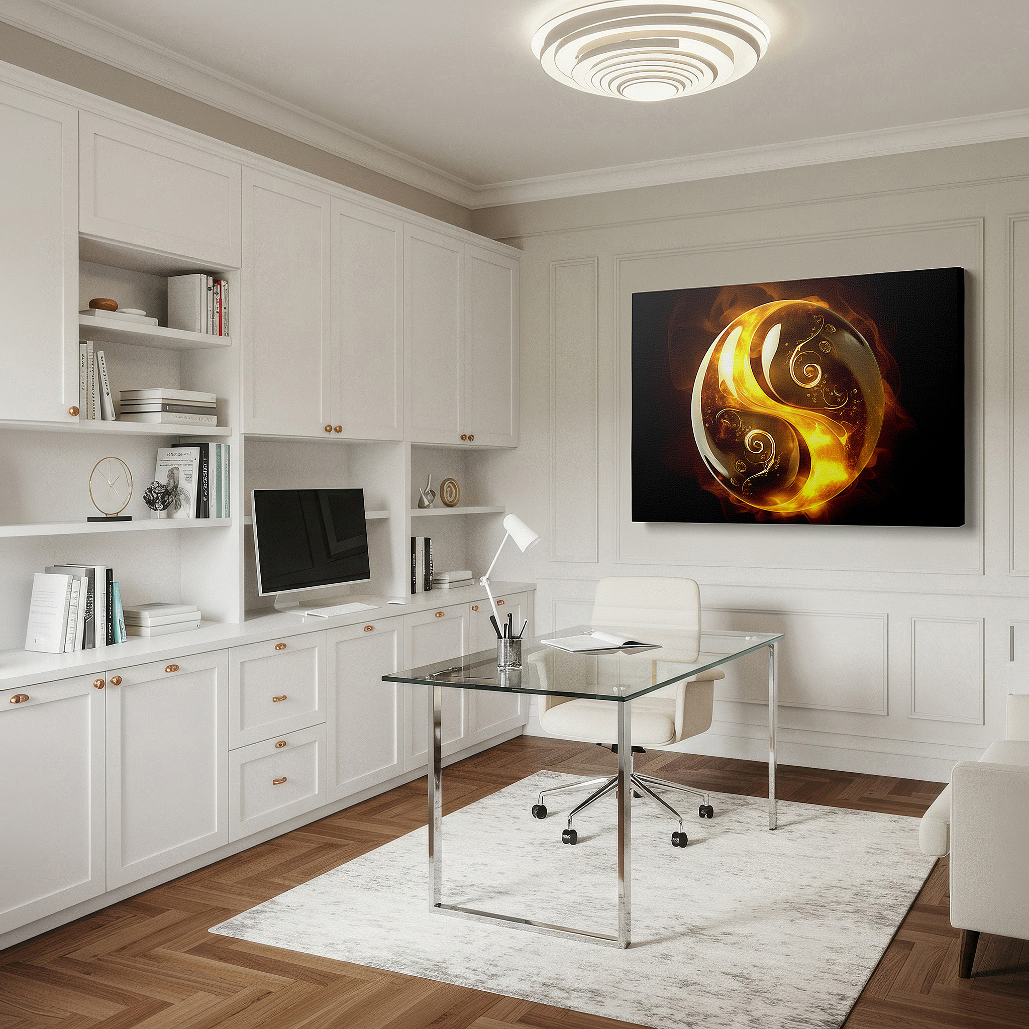 Presented on a clean white gallery wall with ample space — golden orb wall art: featuring intricate spirals, this abstract canvas exudes warmth and energy, perfect for home or office decor.