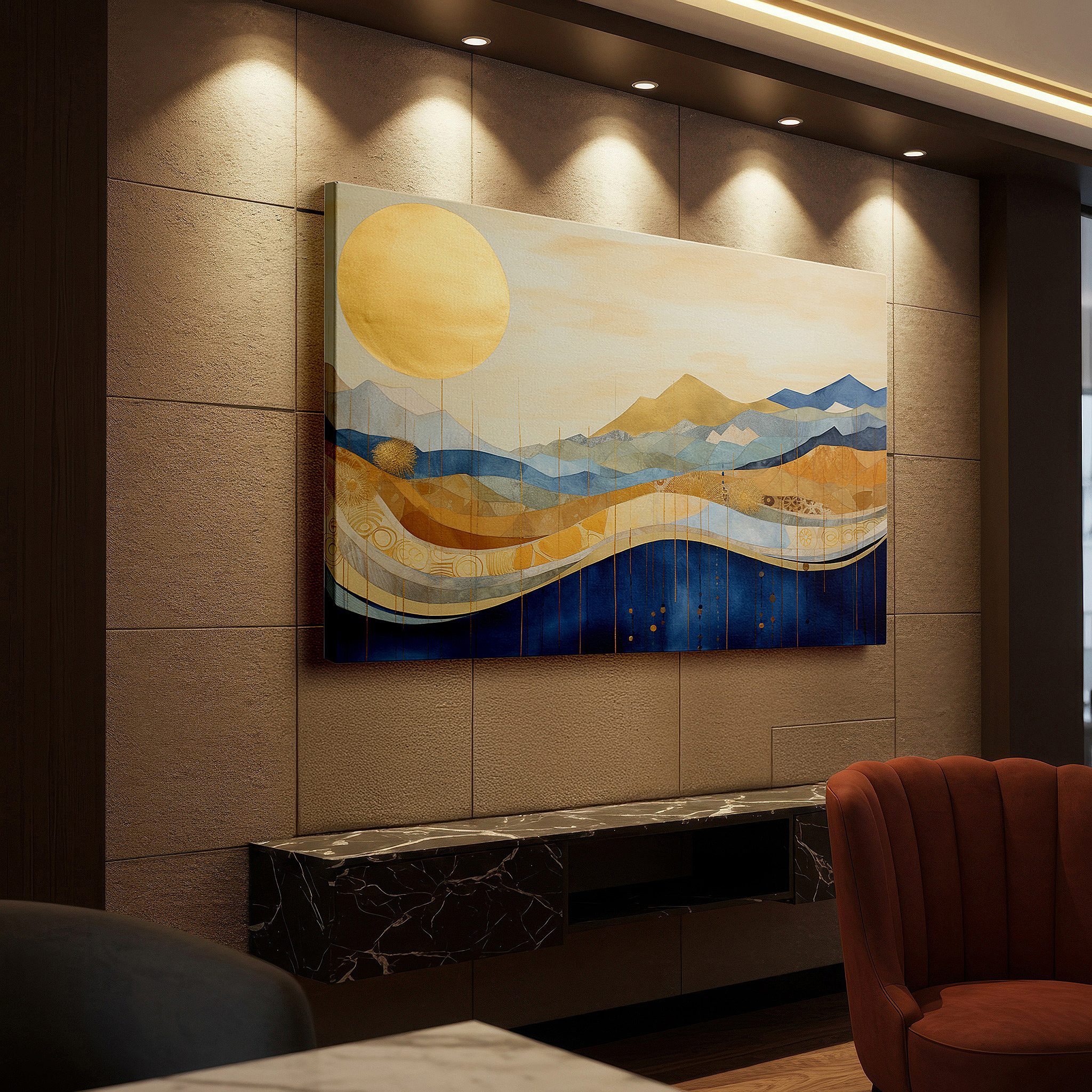 Presented on a clean white gallery wall with ample space — golden sunrise over serene mountain landscape, symbolizing warmth and optimism - large canvas wall art for office and bedroom decor