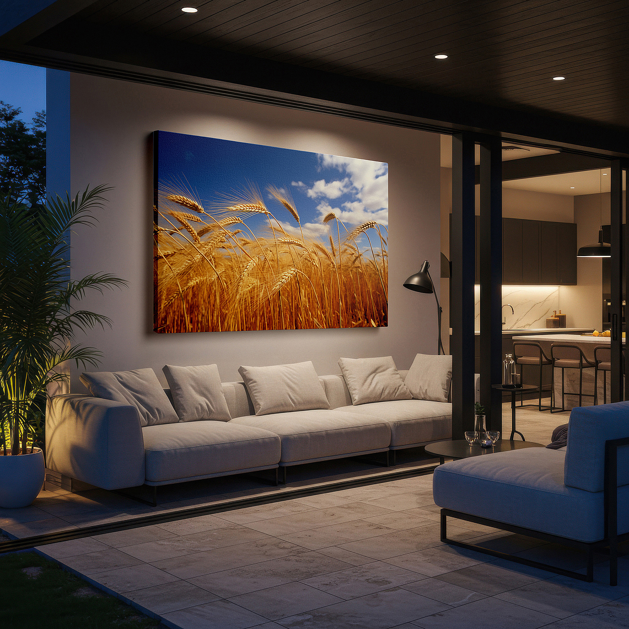 Presented on a clean white gallery wall with ample space — golden wheat field beneath a vibrant blue sky - peaceful blend of earth and sky, large wall art, canvas wall art, wall decor for office and bedroom
