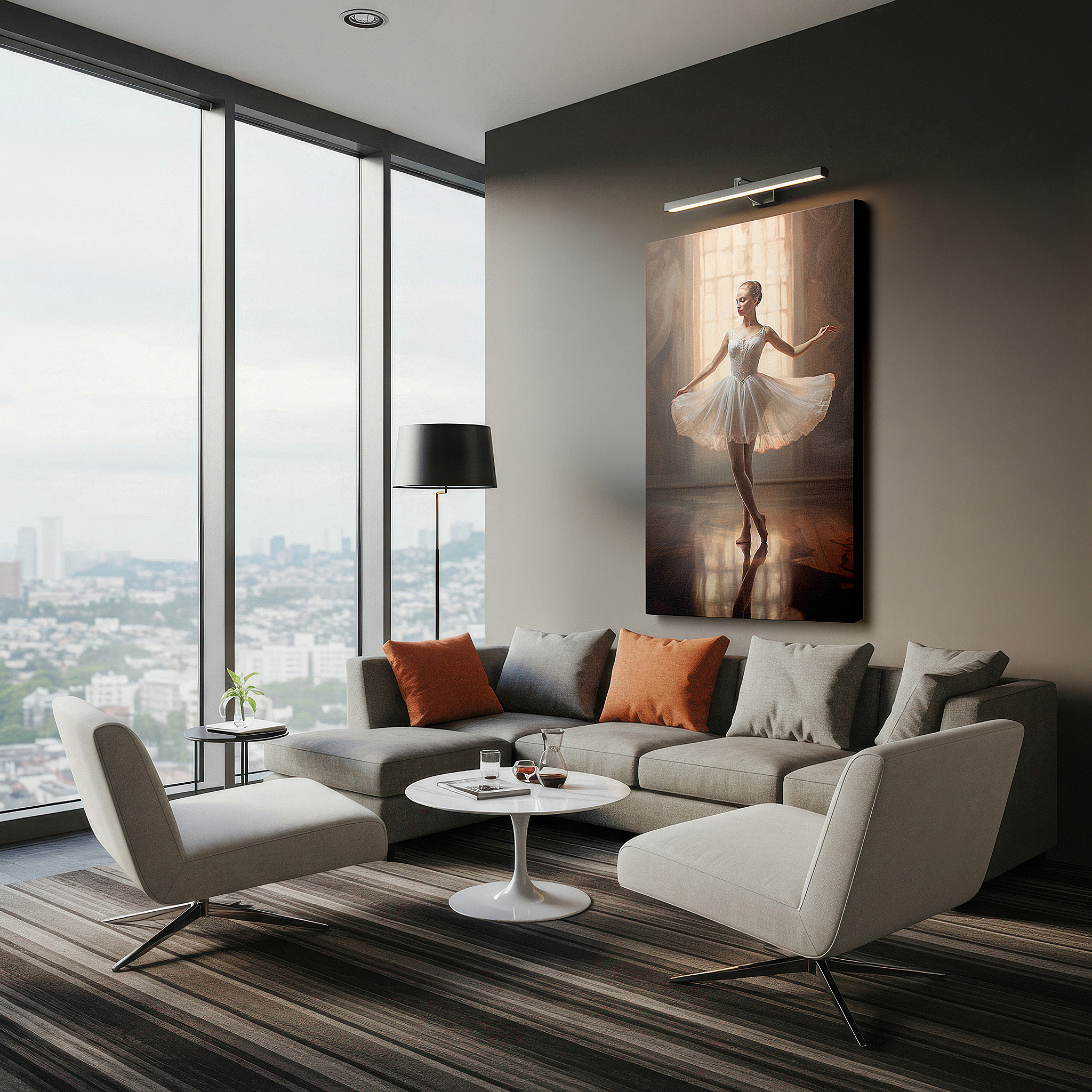 Presented on a clean white gallery wall with ample space — graceful ballerina in twirl wall art: capturing elegance and poise with soft lighting, ideal for home and office decor, available as large canvas art
