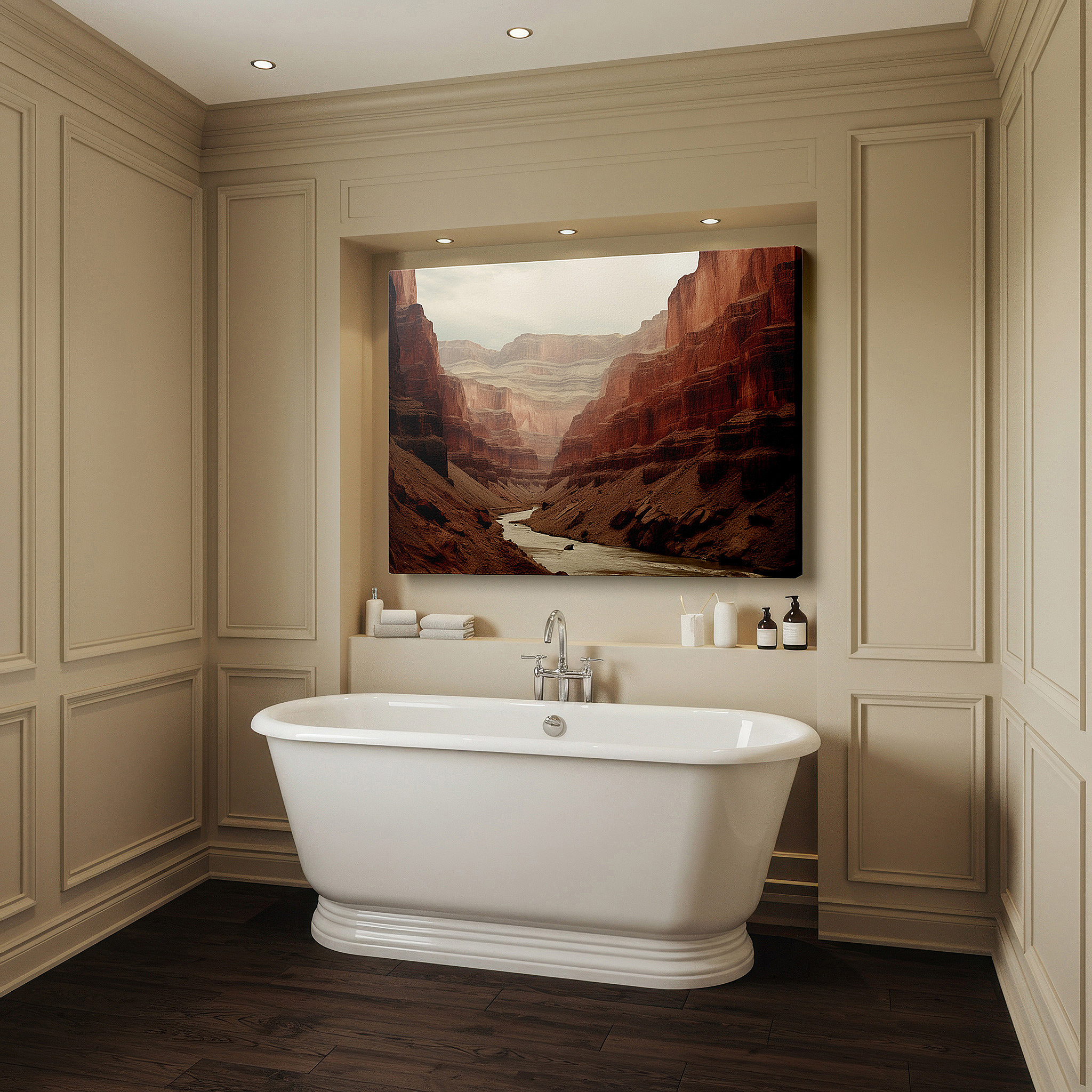 Presented on a clean white gallery wall with ample space — grand canyon splendor - soaring cliffs and serene river highlight the eternal beauty of nature large wall art, canvas wall art, wall decor, office wall art