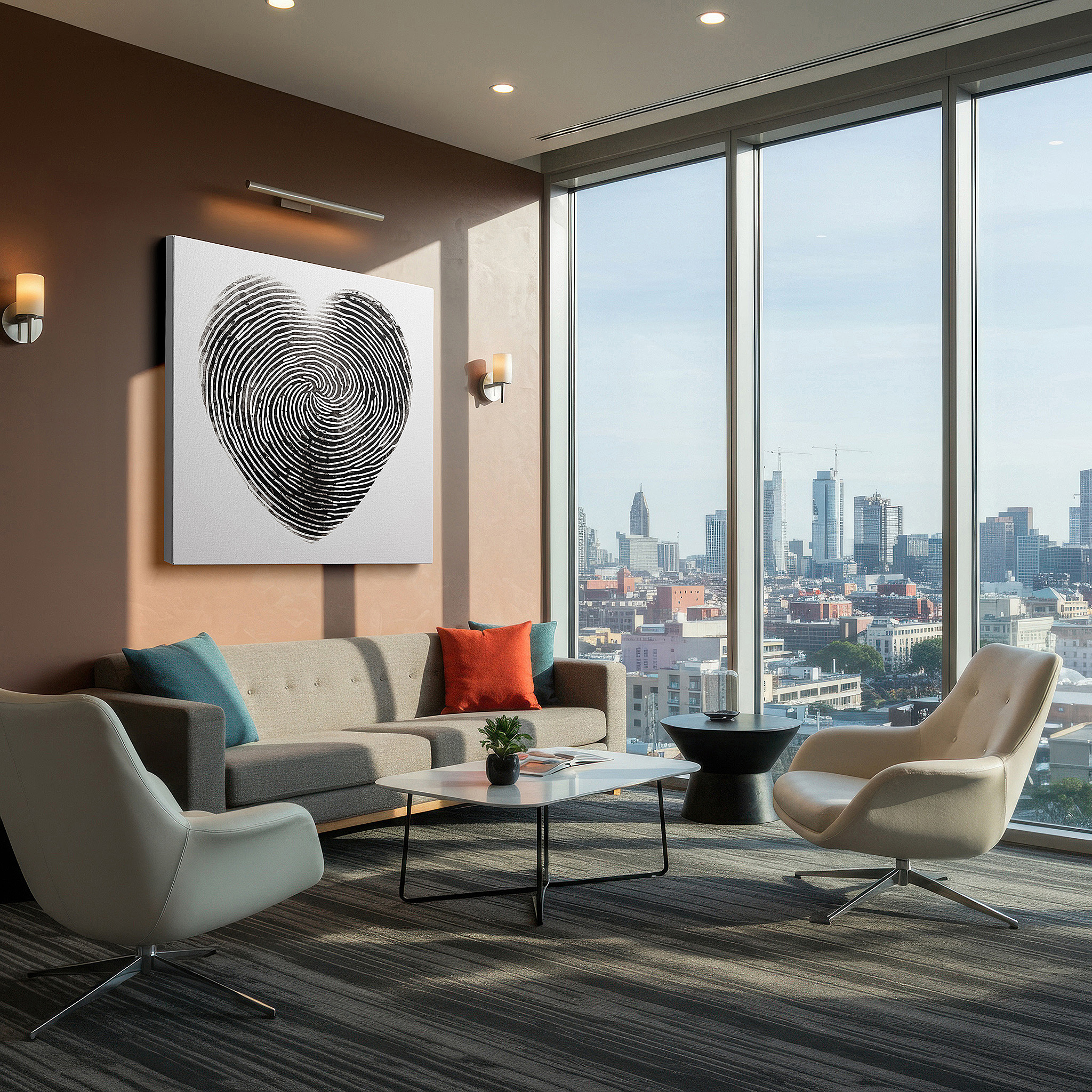 Presented on a clean white gallery wall with ample space — heart-shaped fingerprint canvas: symbolizing love, identity, and enduring bonds - large wall art for home and office decor