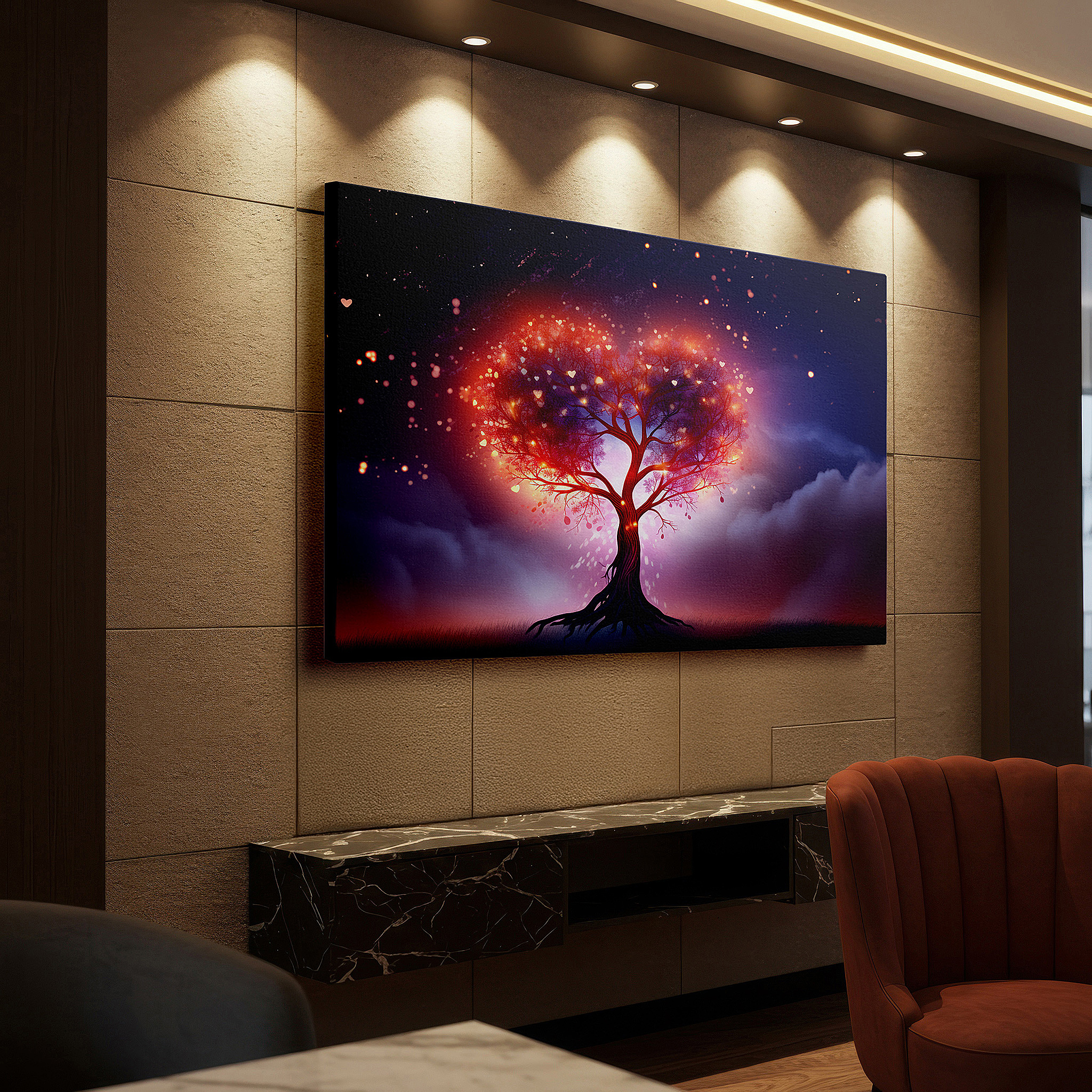 Presented on a clean white gallery wall with ample space — heart-shaped tree under twilight sky with twinkling stars large canvas wall art for office and bedroom decor