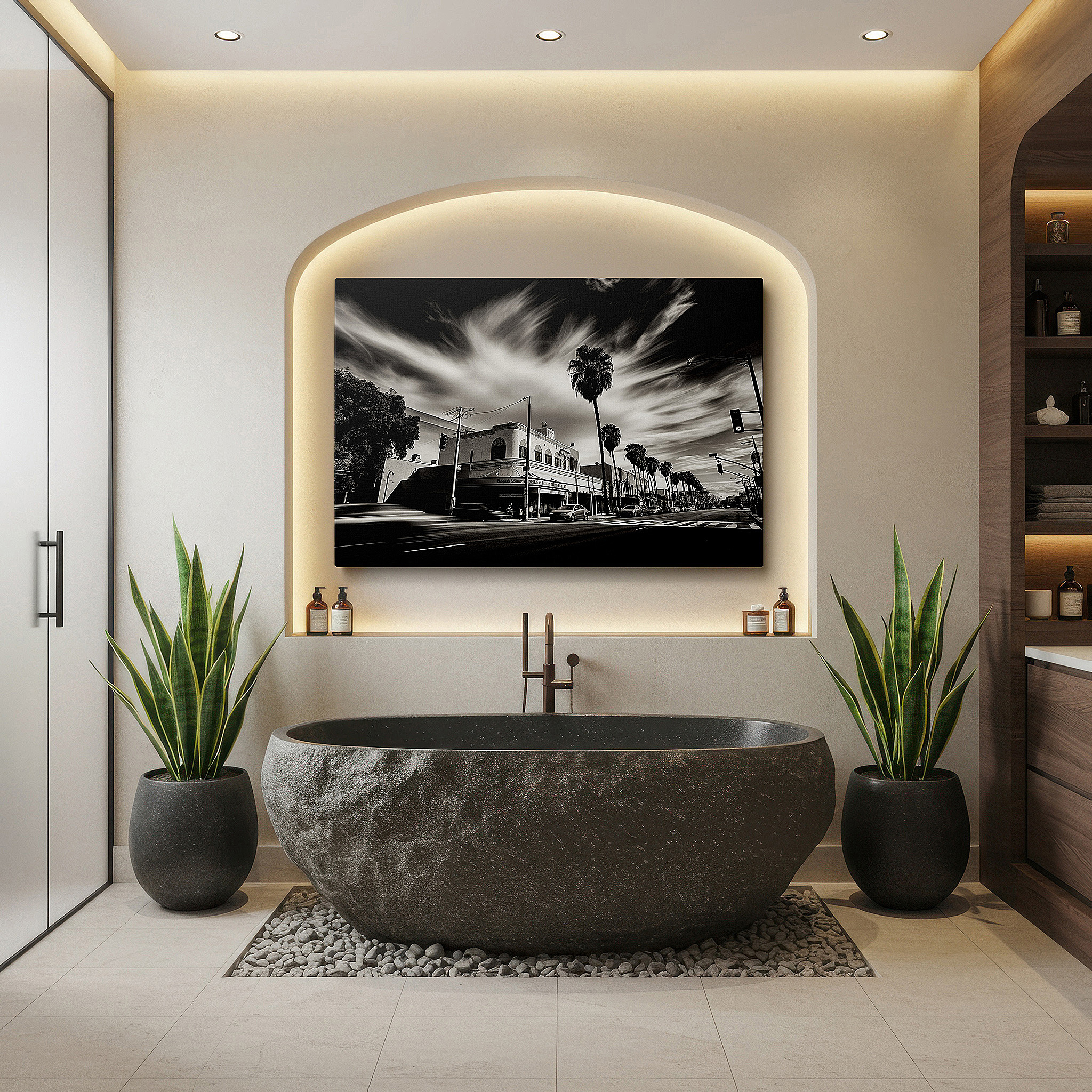 Presented on a clean white gallery wall with ample space — historical charm blends with contemporary style in a lively street setting featuring detailed architecture and verdant palms - large wall art, canvas wall art