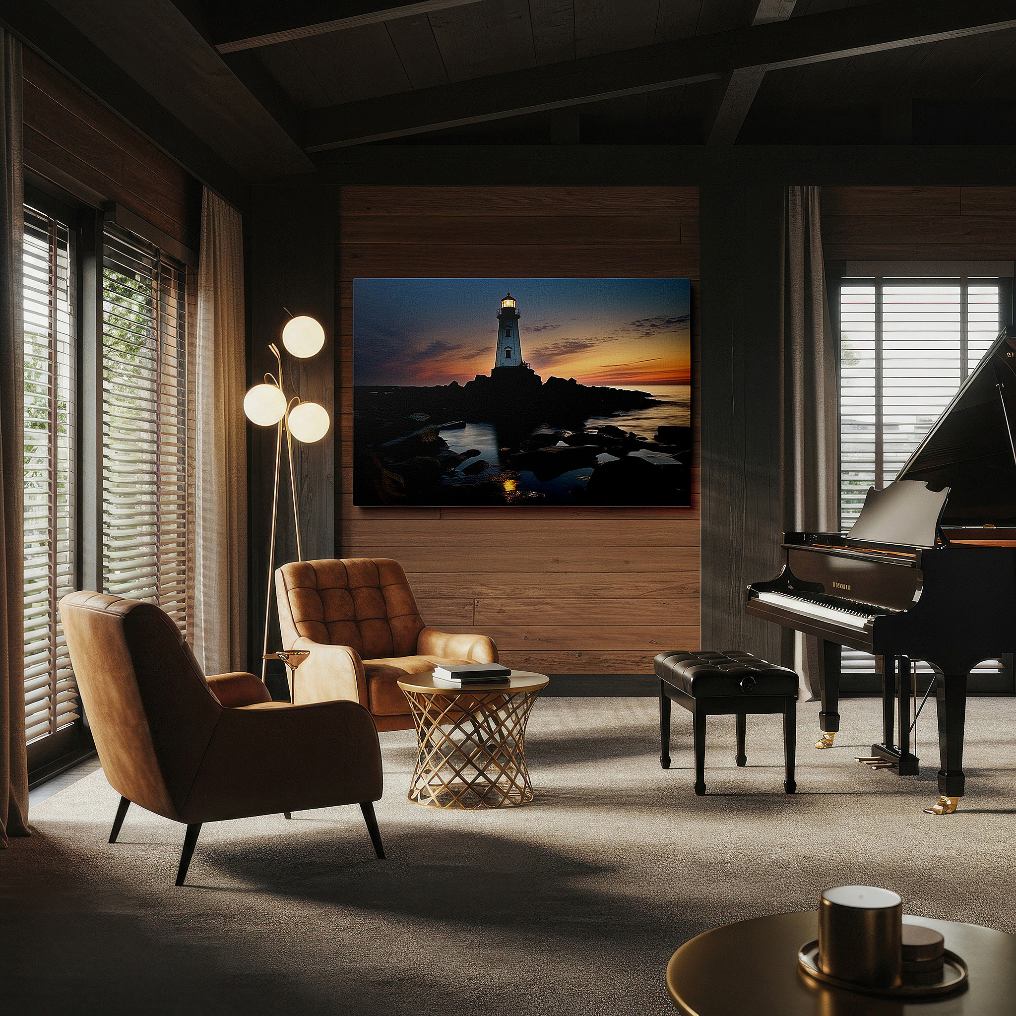 Presented on a clean white gallery wall with ample space — lighthouse beacon of hope wall art: fiery skies and tranquil seas - large canvas for home and office decor, perfect for living room and bedroom